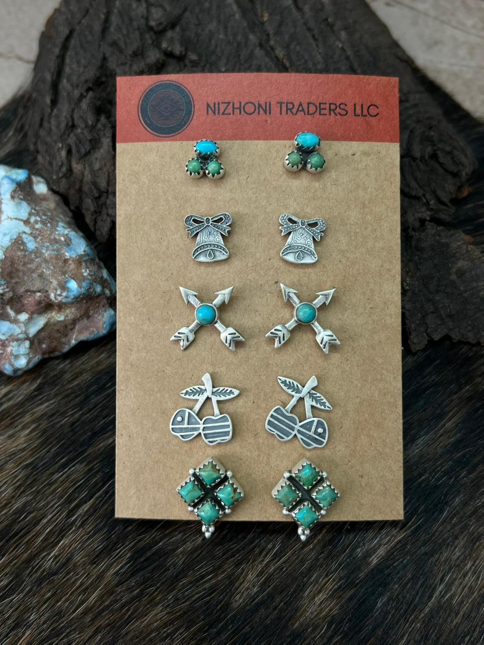 Handmade Sterling Silver Kingman Turquoise Post Studs Earrings Set