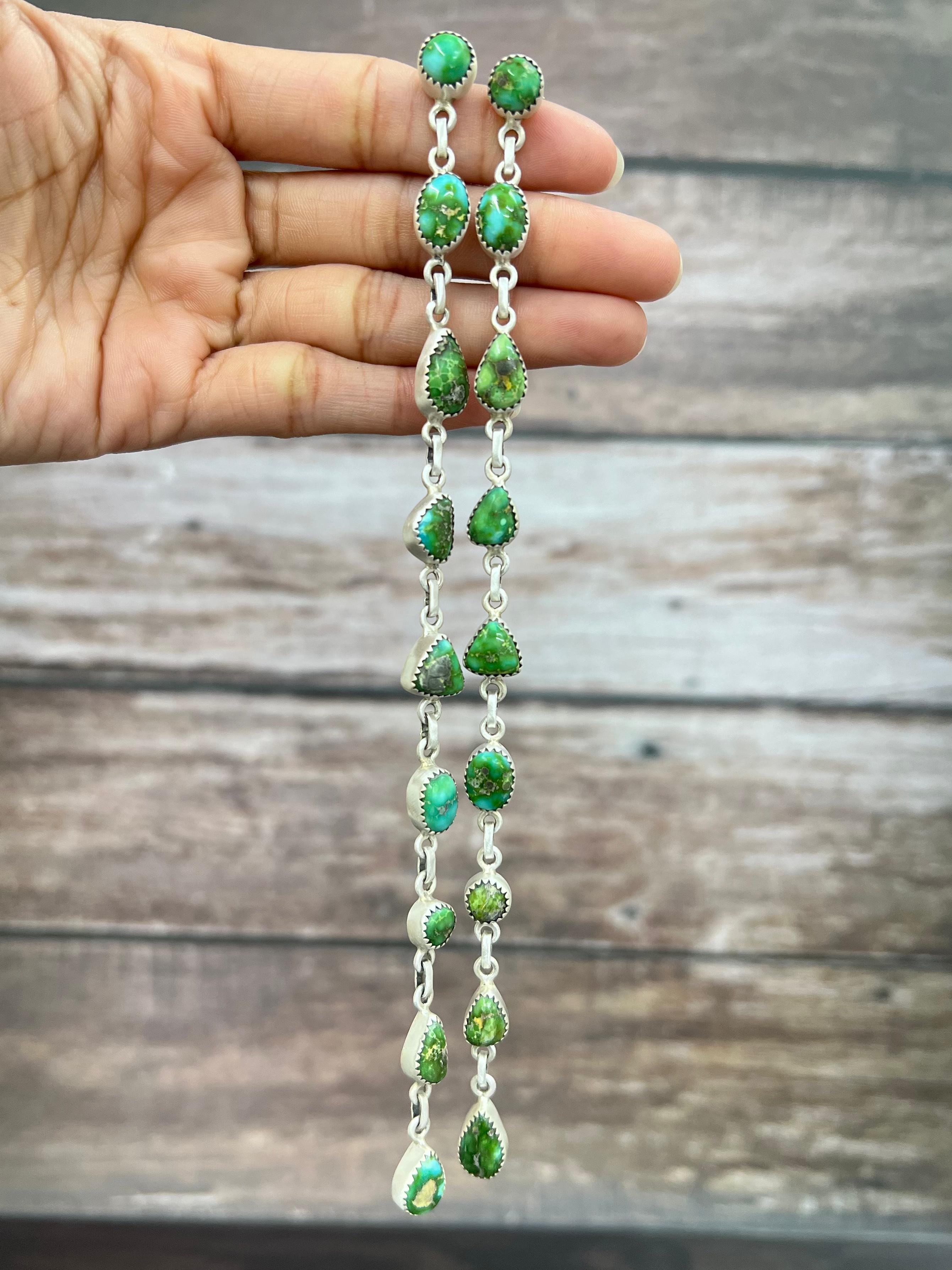 Handmade Sterling Silver Sonoran Mountain Turquoise Post Dangle Earrings with Signed Nizhoni