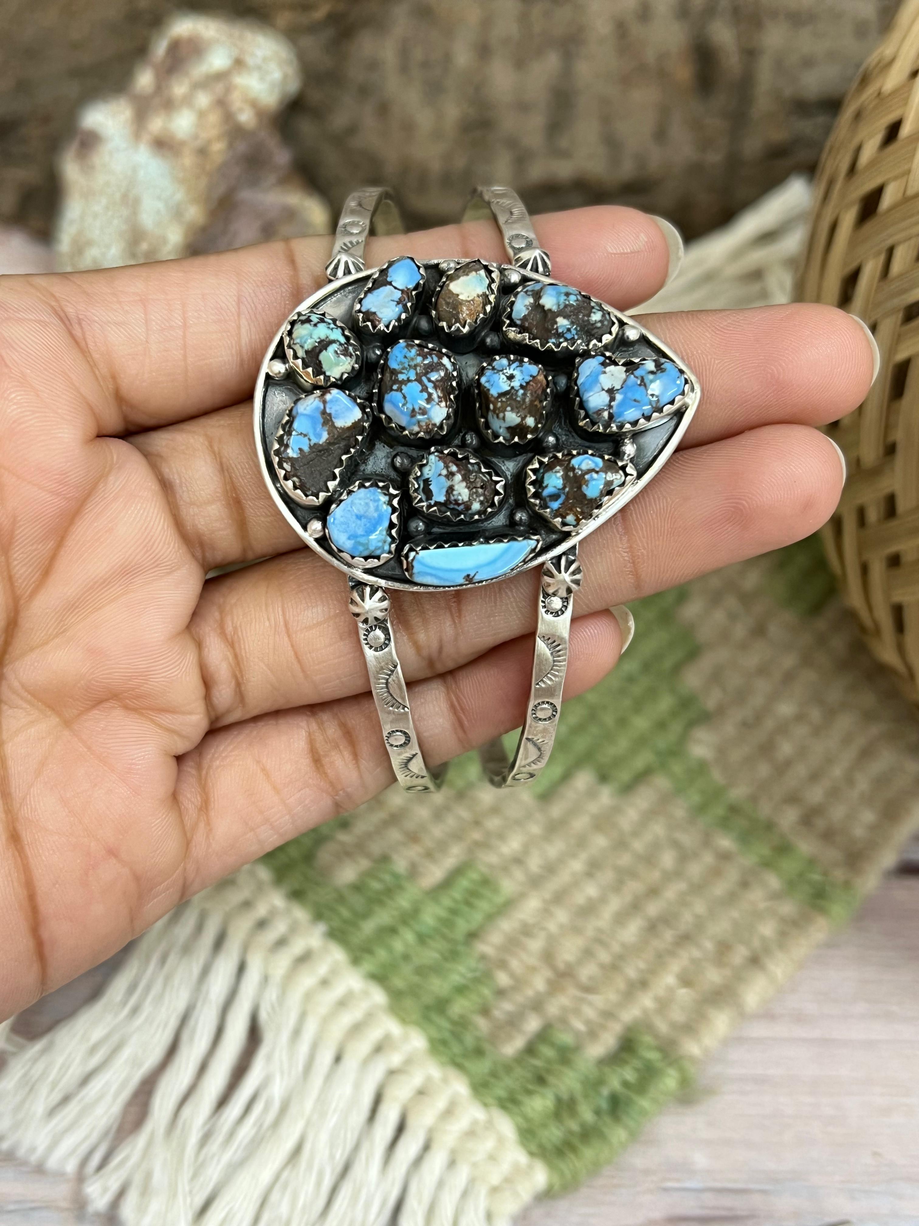 Handmade Sterling Silver Golden Hill, Sonoran Mountain Turquoise Bracelet with Signed Nizhoni /