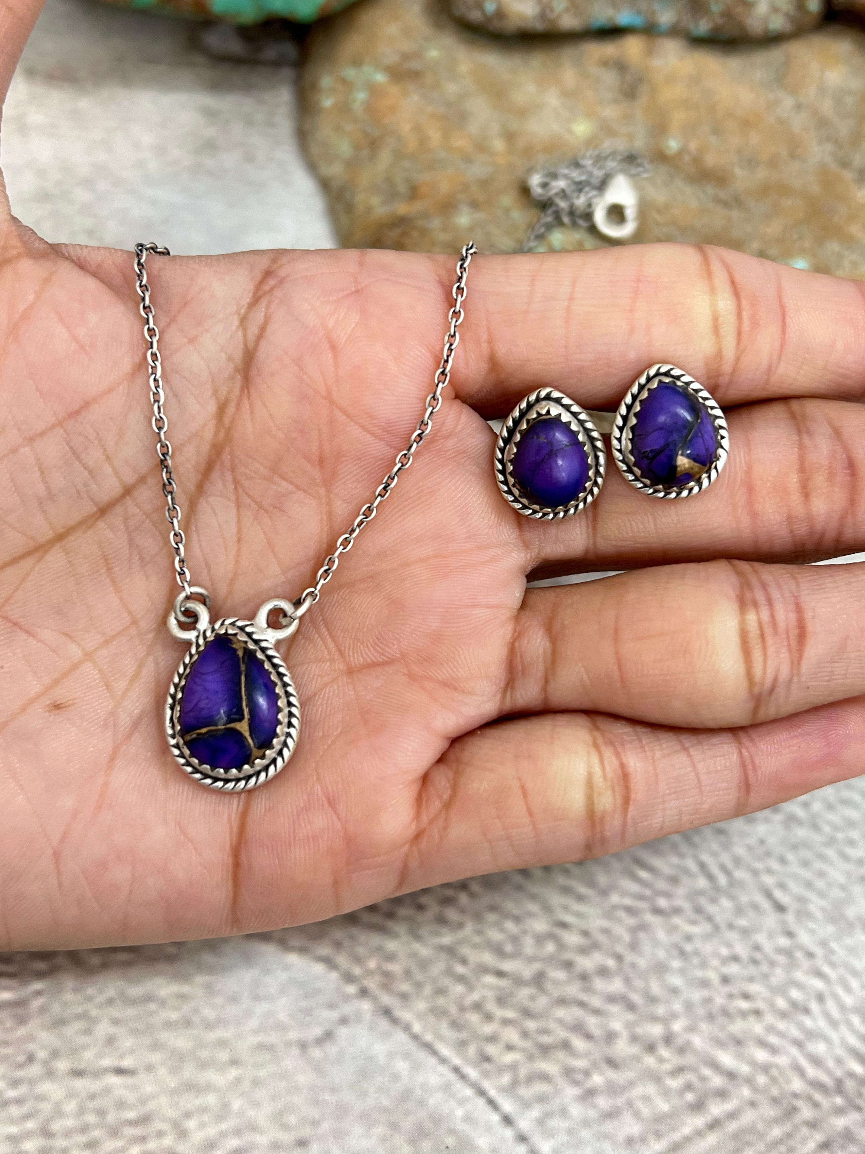 Handmade Sterling Silver Grape Dahlia Necklace Earrings Set, Signed Nizhoni