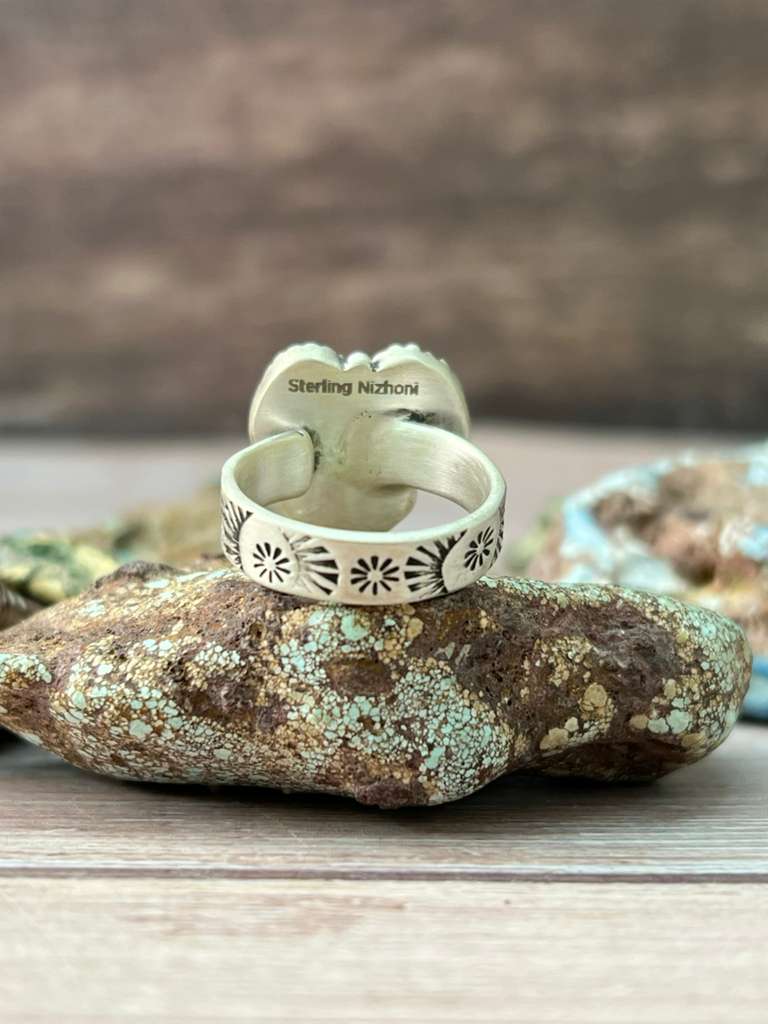Handmade Sterling Silver Sonoran Mountain Turquoise with White Water Adjustable Ring "Signed Nizhoni"