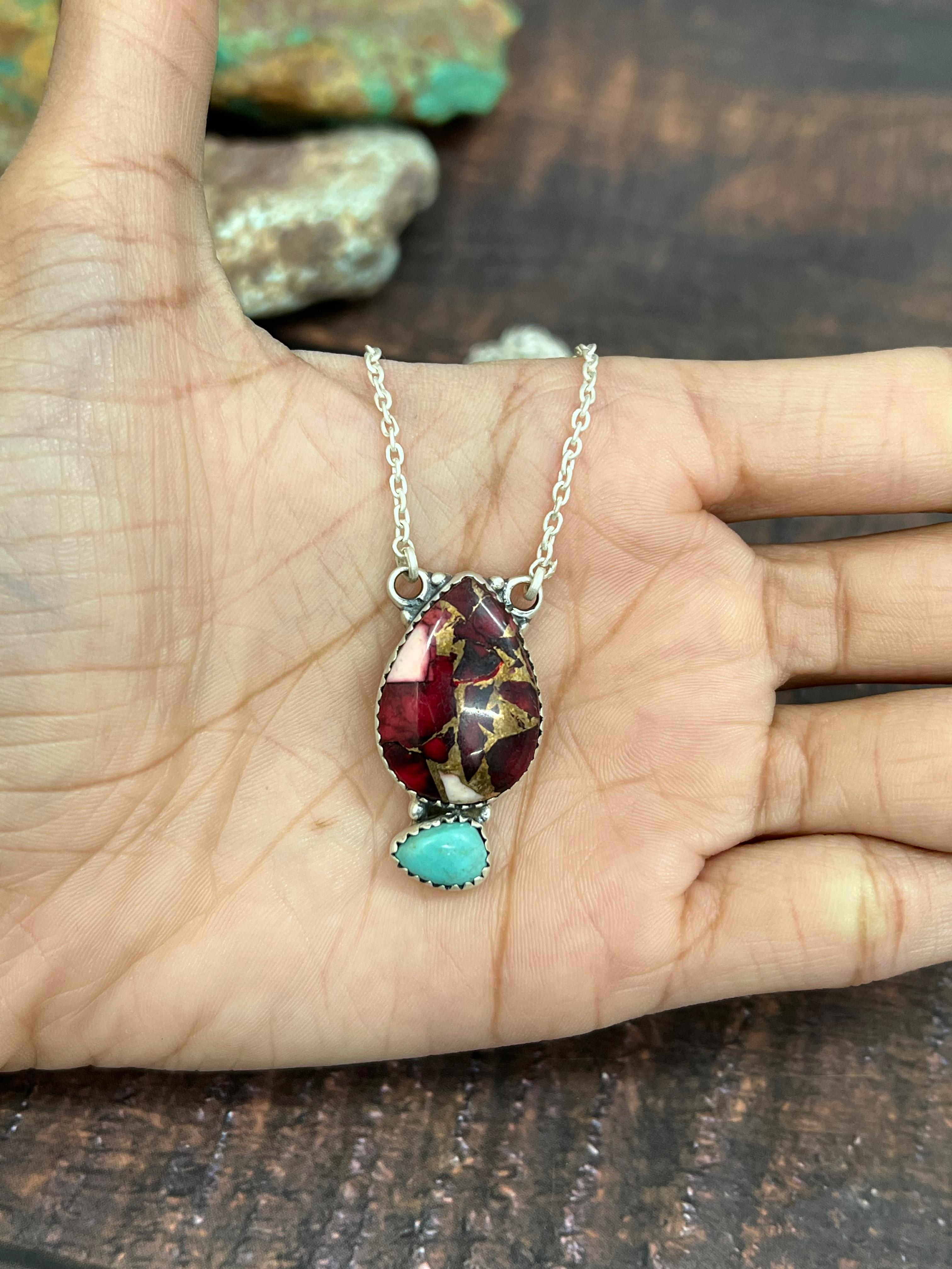 Handmade Sterling Silver Dahlia Rose, Kingman Turquoise Necklace with Signed Nizhoni