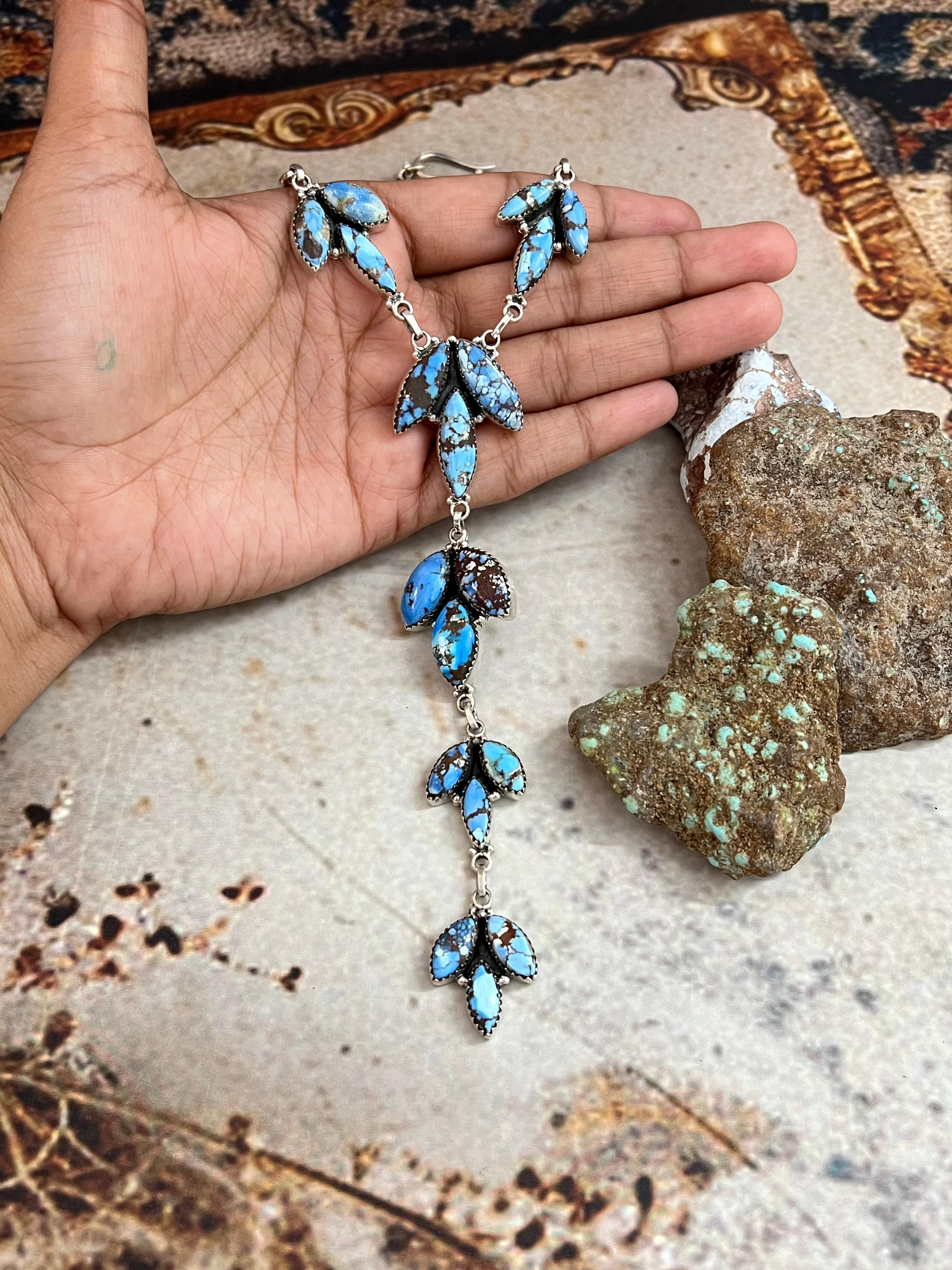 Handmade Sterling Silver Golden Hills Turquoise Lariat Necklace with Signed Nizhoni