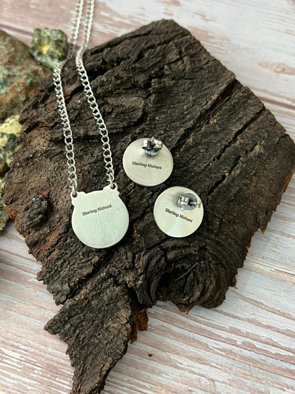 Handmade Sterling Silver Kingman Turquoise Smiley Necklace Earrings Set with Signed Nizhoni (2)