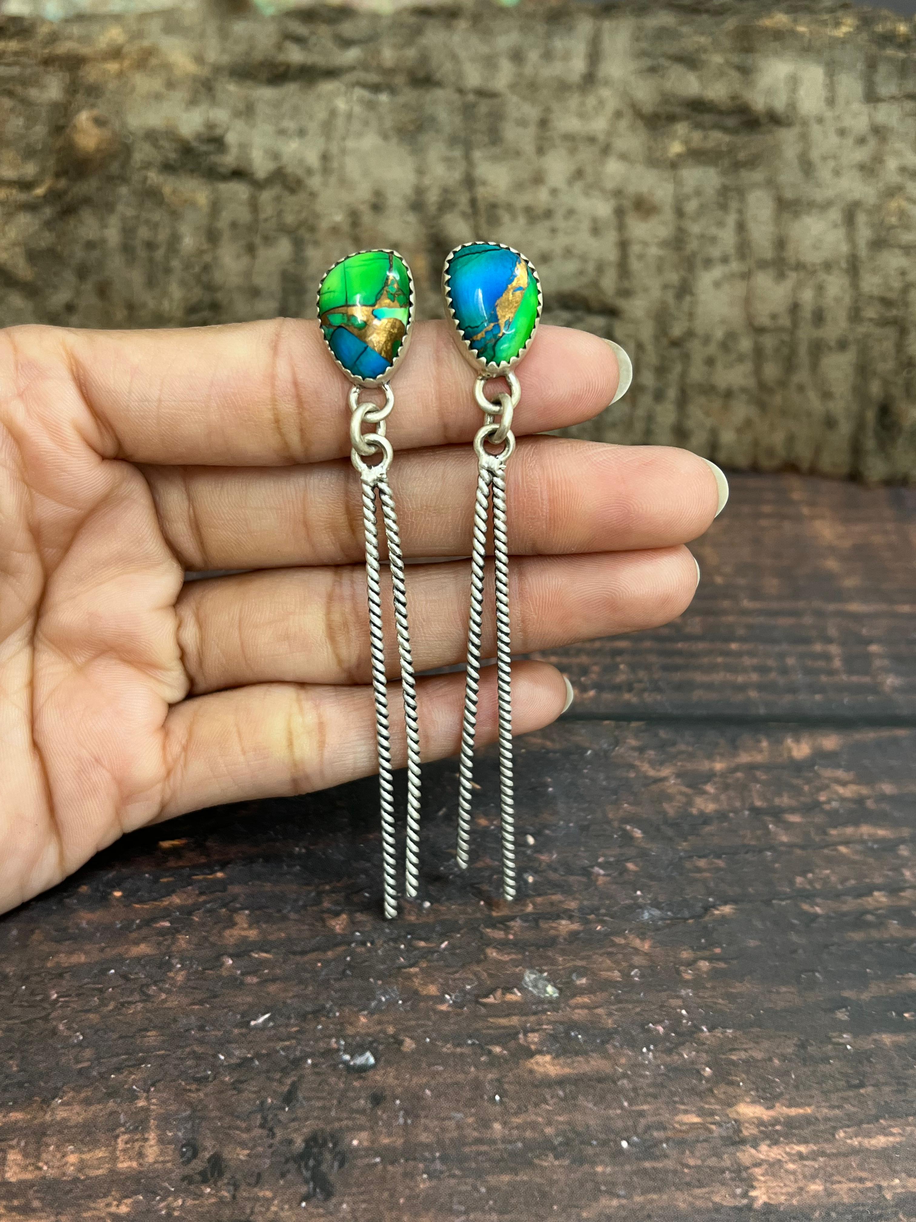 Handmade Sterling Silver Peacock Dahlia Post Earrings with Signed Nizhoni