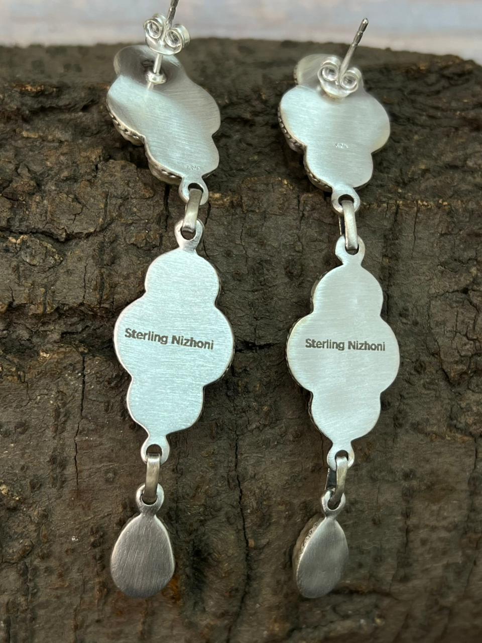 Handmade Sterling Silver Kingman Turquoise with White Buffalo Post Dangle Earrings "Signed Nizhoni"