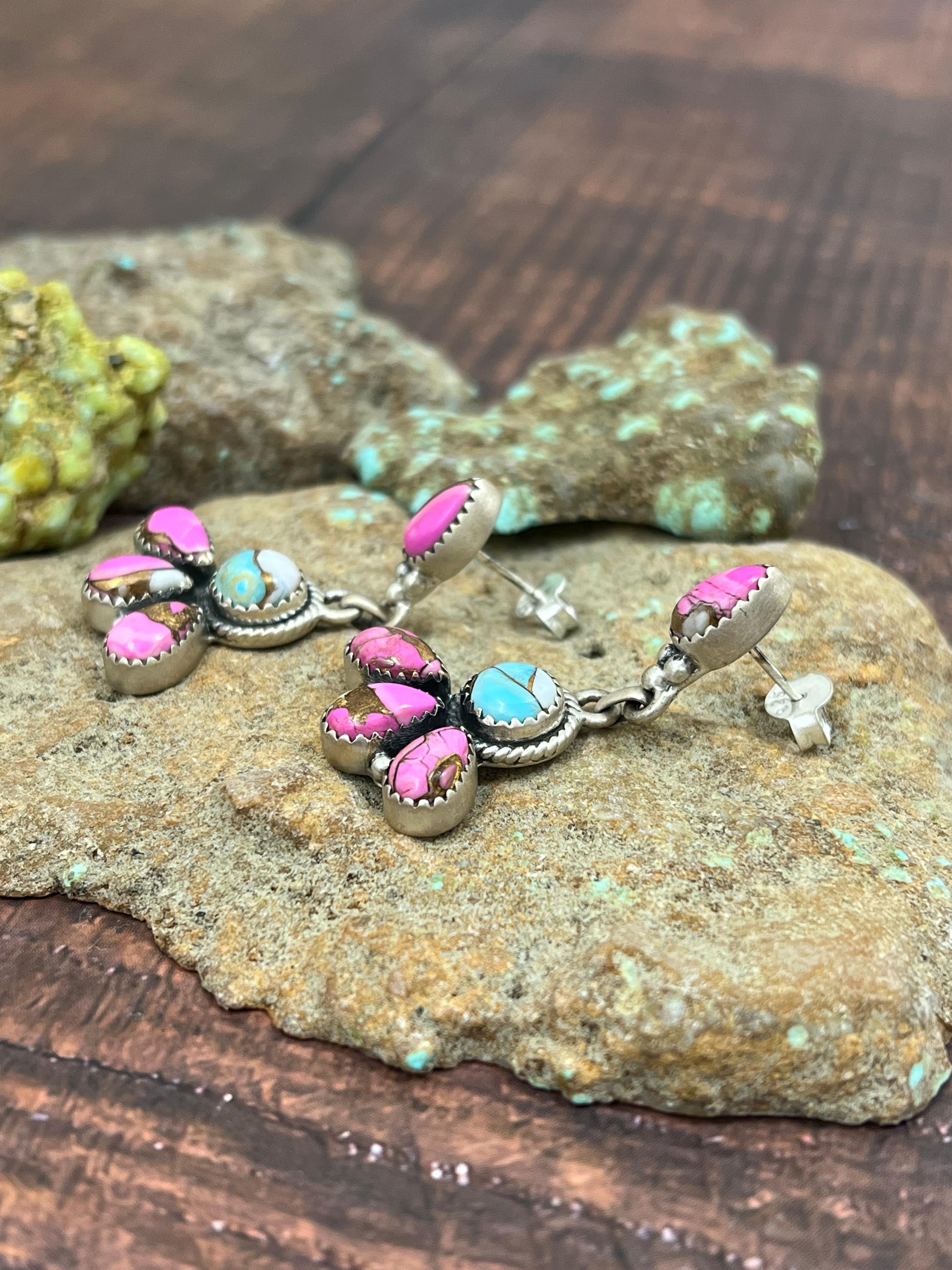 Handmade Sterling Silver Cotton Candy Turquoise Dangle Earrings with Signed Nizhoni