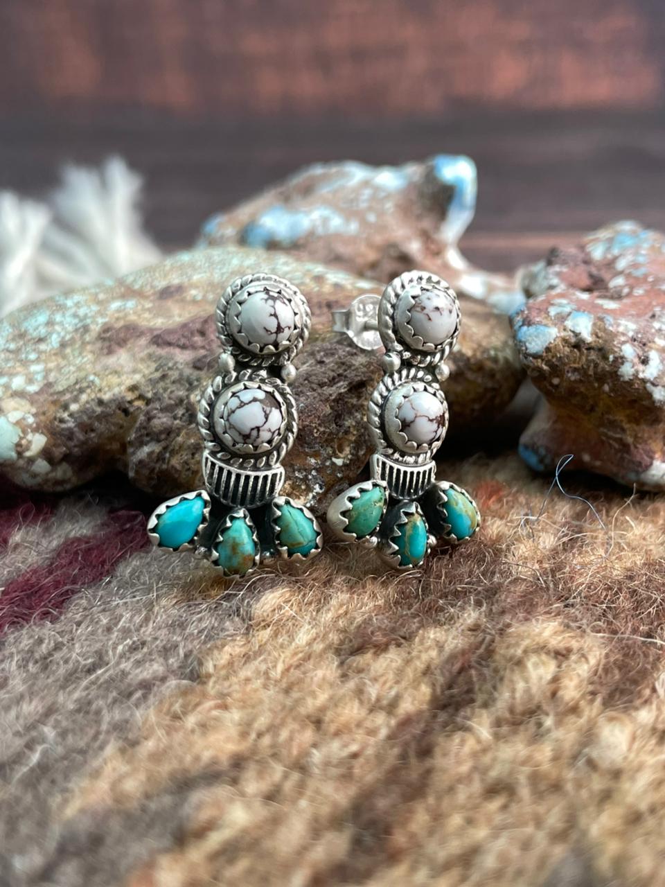 Handmade Sterling Silver Wildhorse Magnesite with Kingman Post Earrings "Signed Nizhoni"