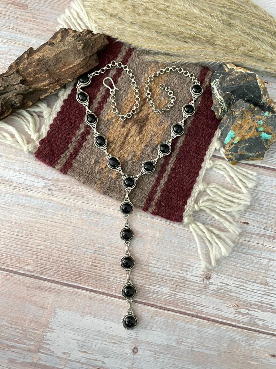 Handmade Sterling Silver Black Onyx 'Y Shaped' Necklace "Signed Nizhoni"