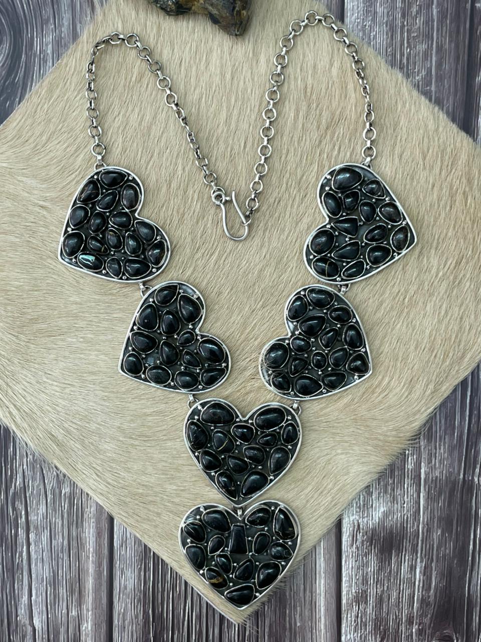 Handmade Sterling Silver Blackjack Turquoise Heart Necklace "Signed Nizhoni"