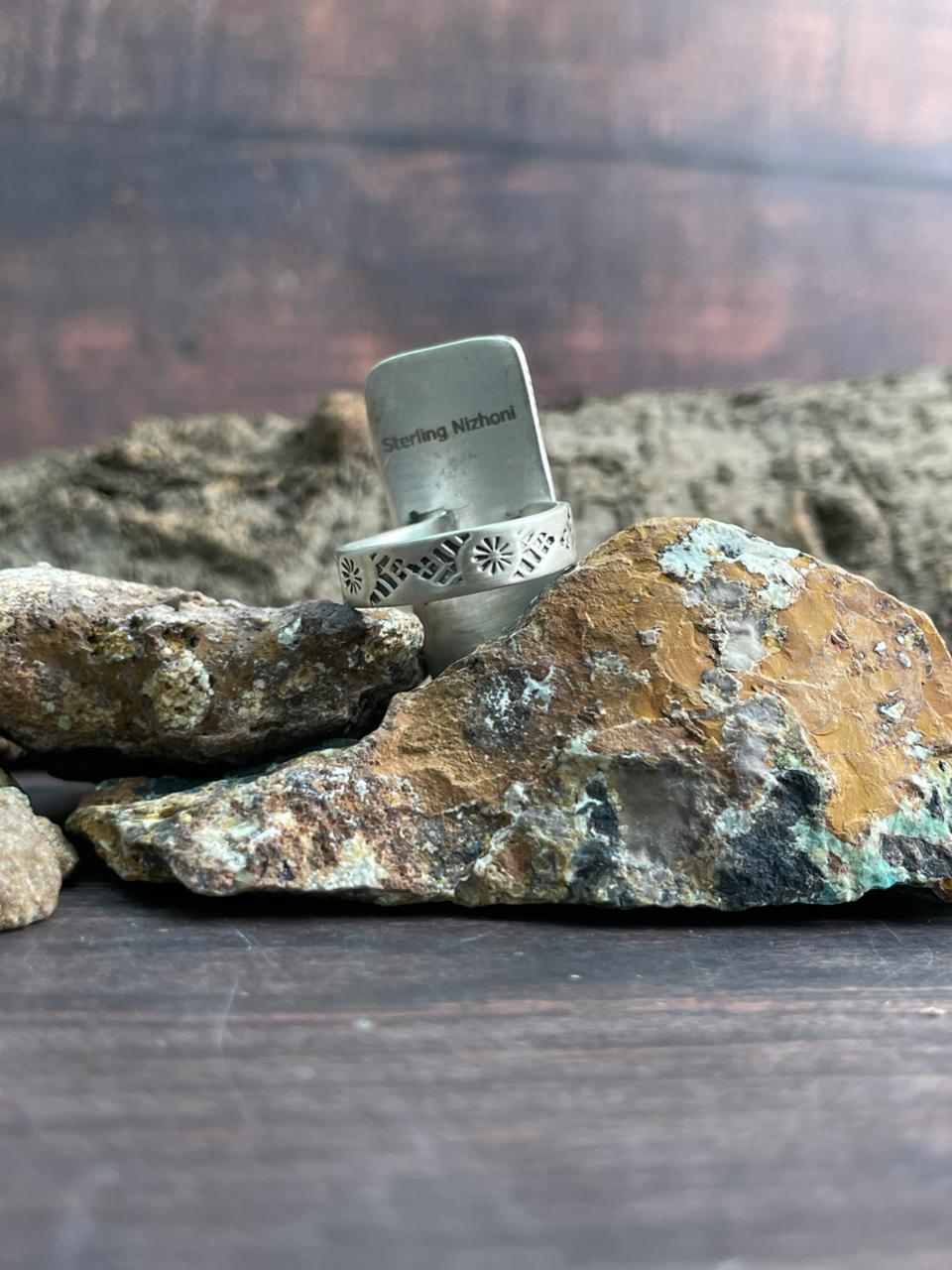 Handmade Sterling Silver Kingman Turquoise Bar Adjustable Ring "Signed Nizhoni"