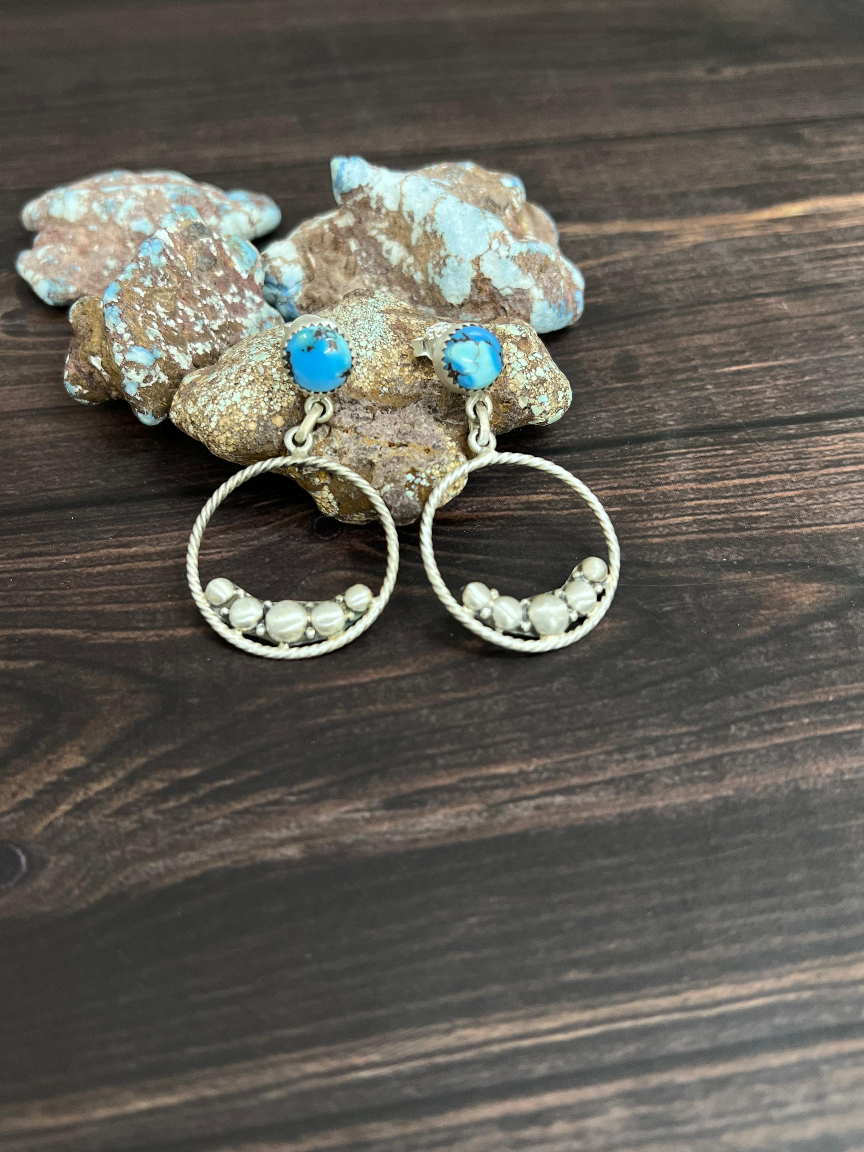 Handmade Sterling Silver Golden Hills Turquoise Post Hoop Earrings with Signed Nizhoni