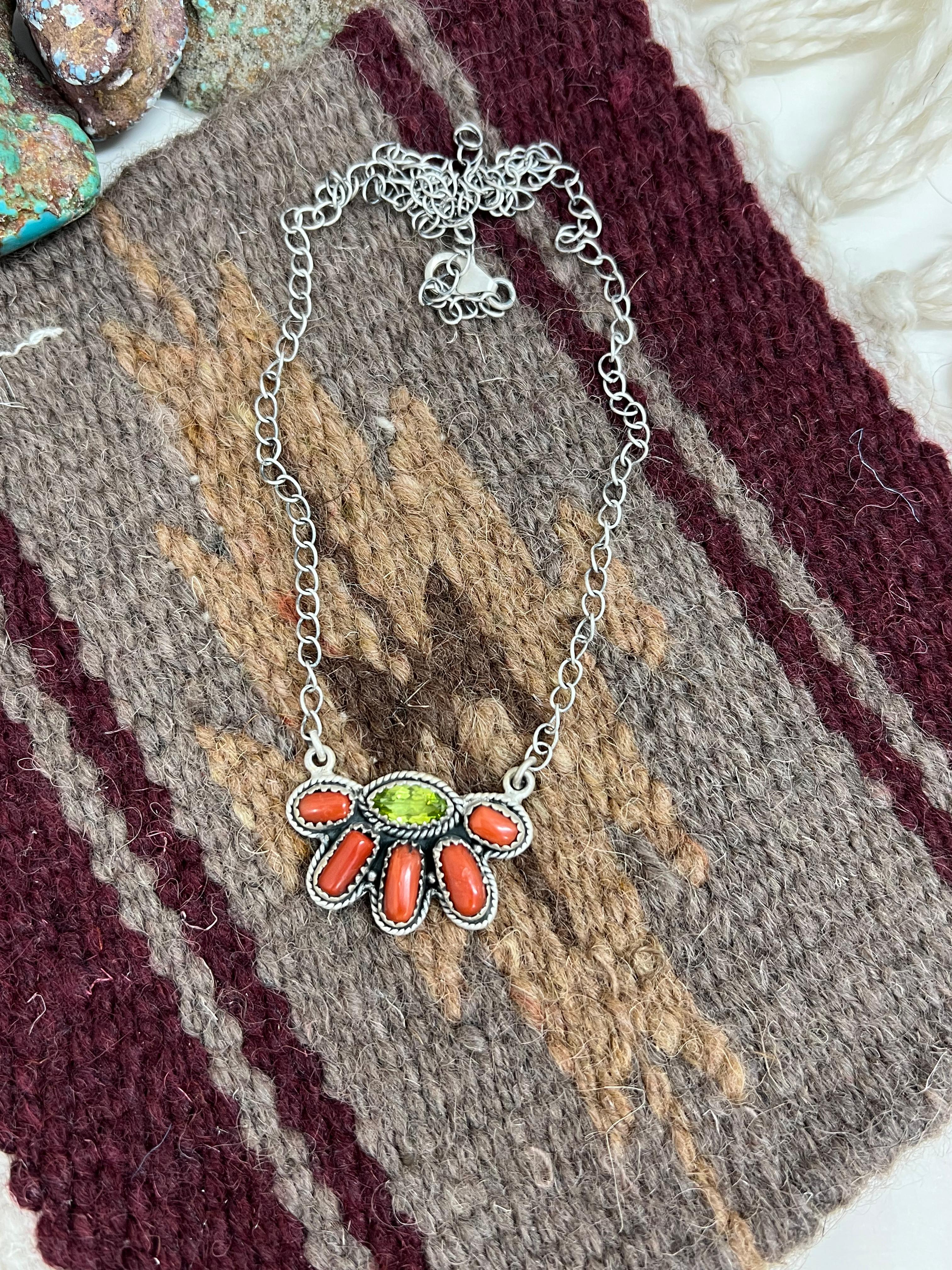 Christmas Collection Handmade Sterling Silver Coral with Peridot Necklace with Signed Nizhoni