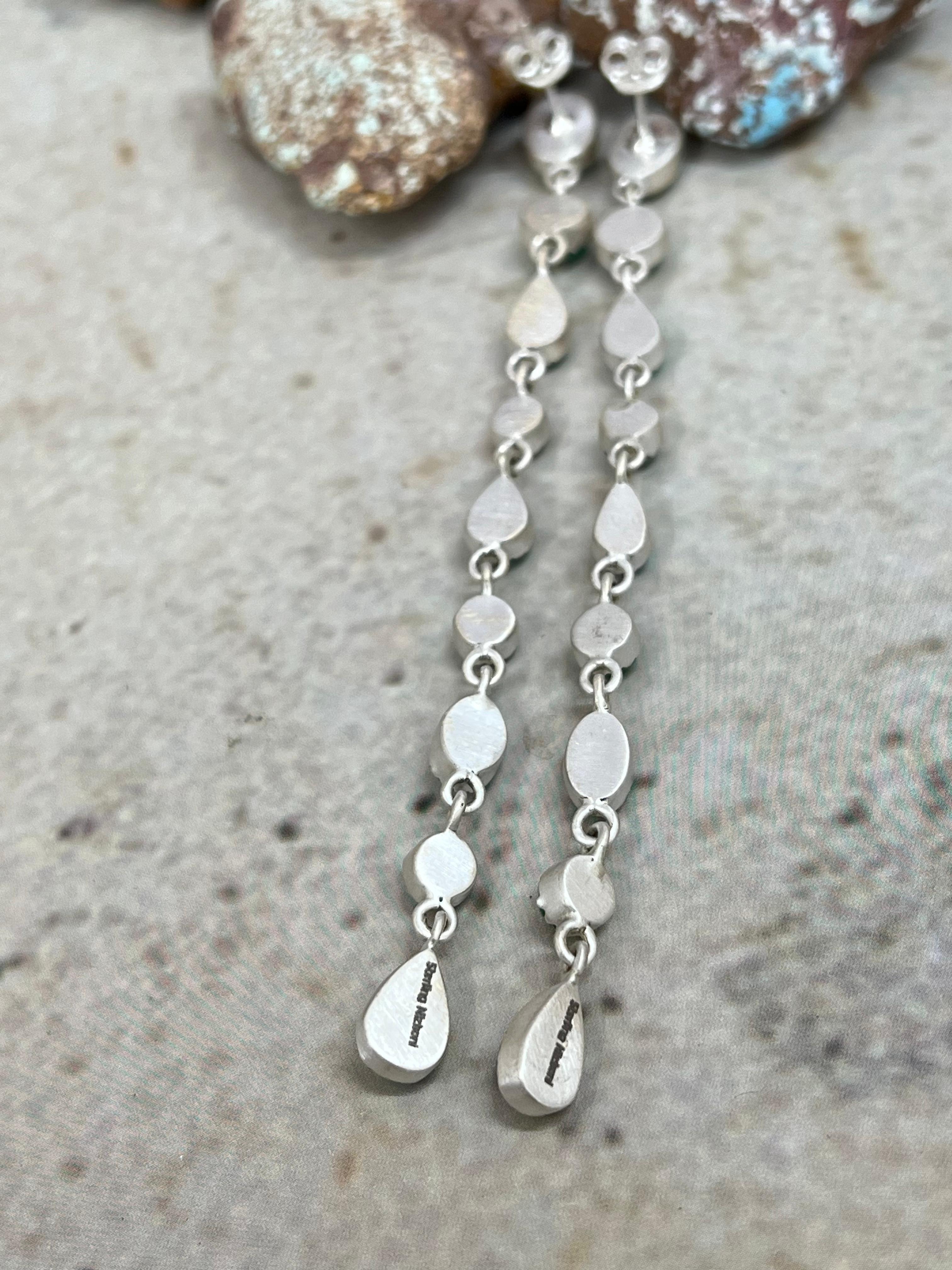 Handmade Sterling Silver Emerald Valley Post Dangle Earrings with Signed Nizhoni