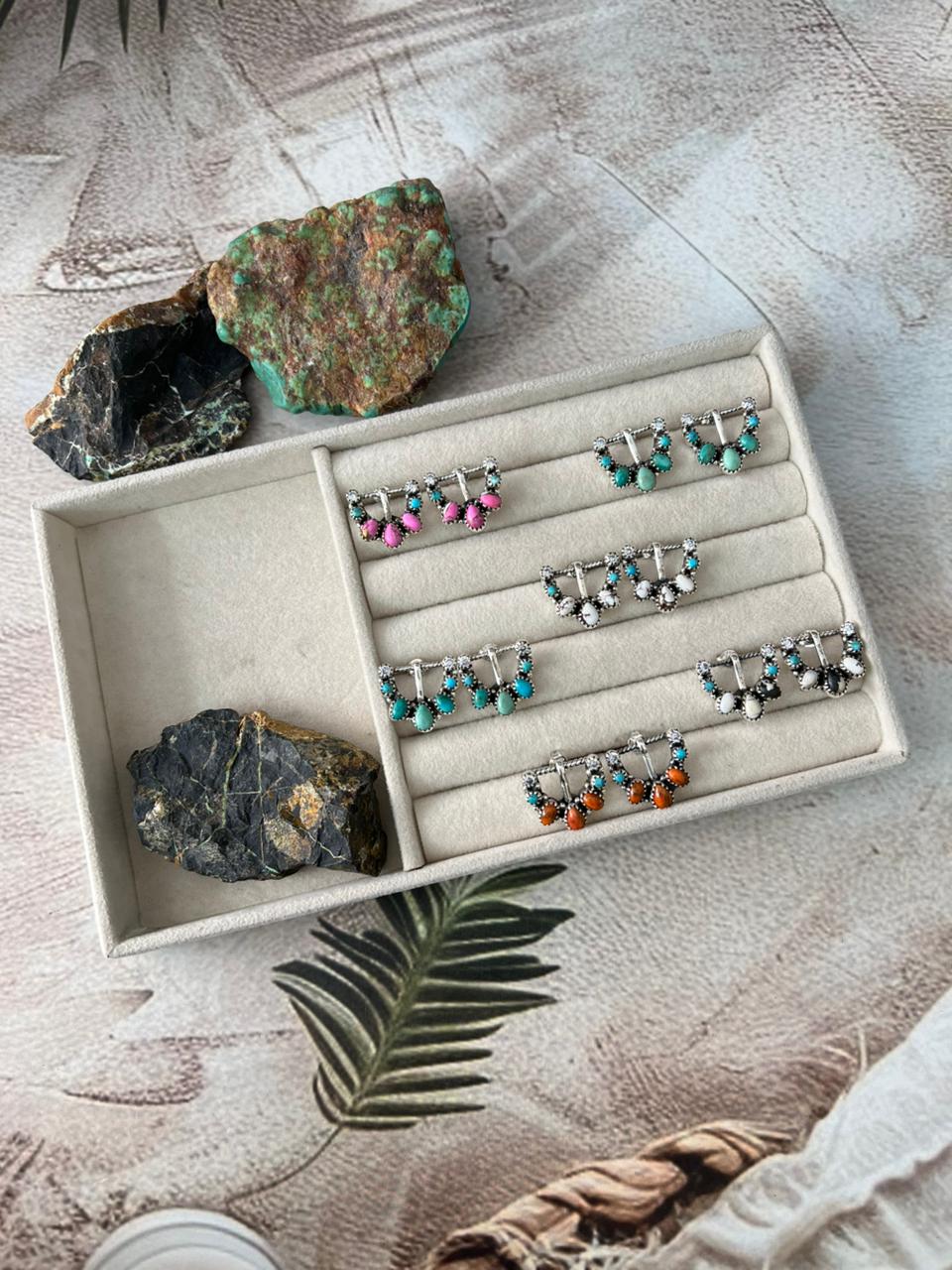 Handmade Sterling Silver Multi Stone Buckle Post Studs Earrings "Signed Nizhoni"