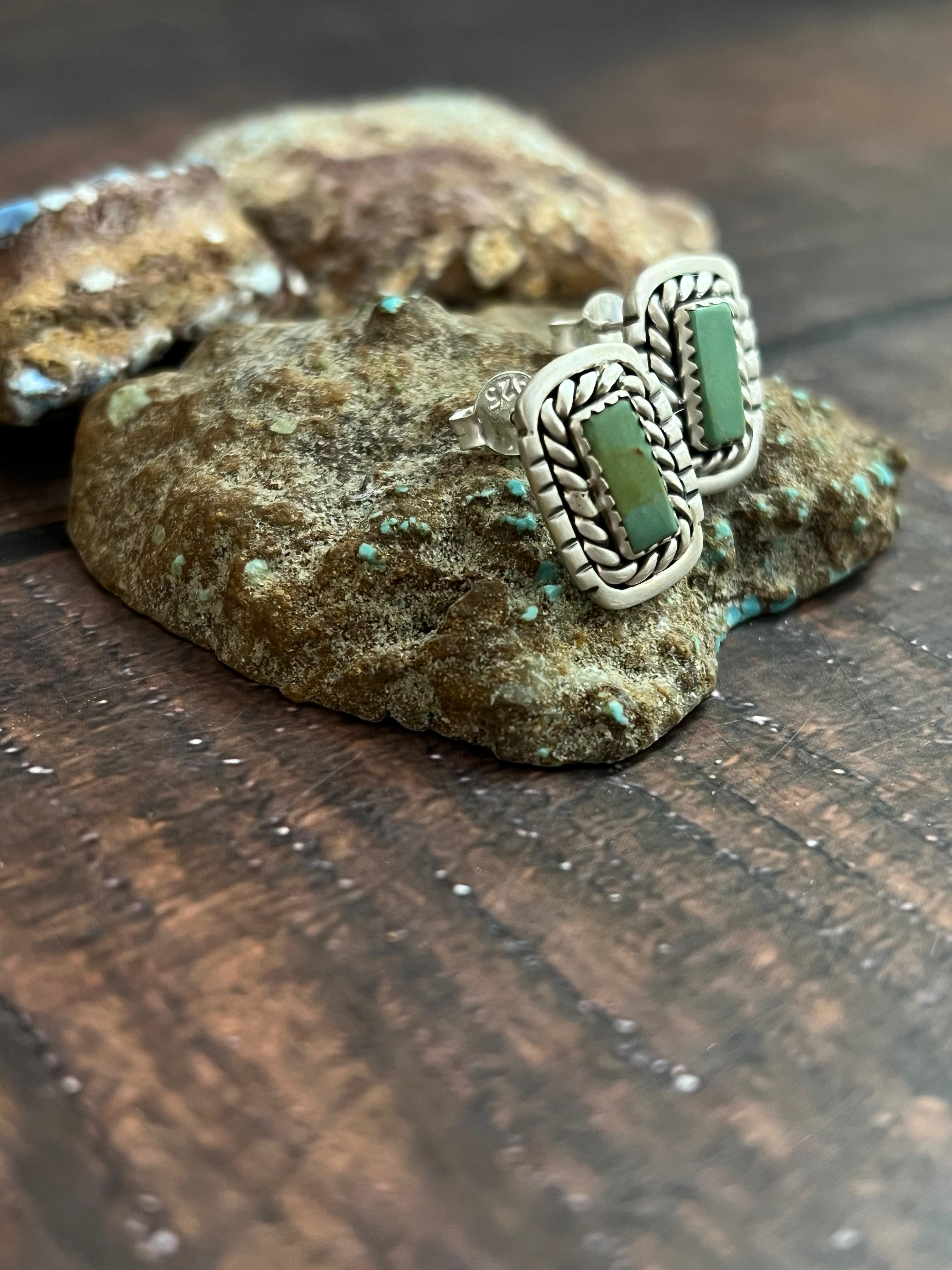 Handmade Sterling Silver Kingman Turquoise Studs with Signed Nizhoni