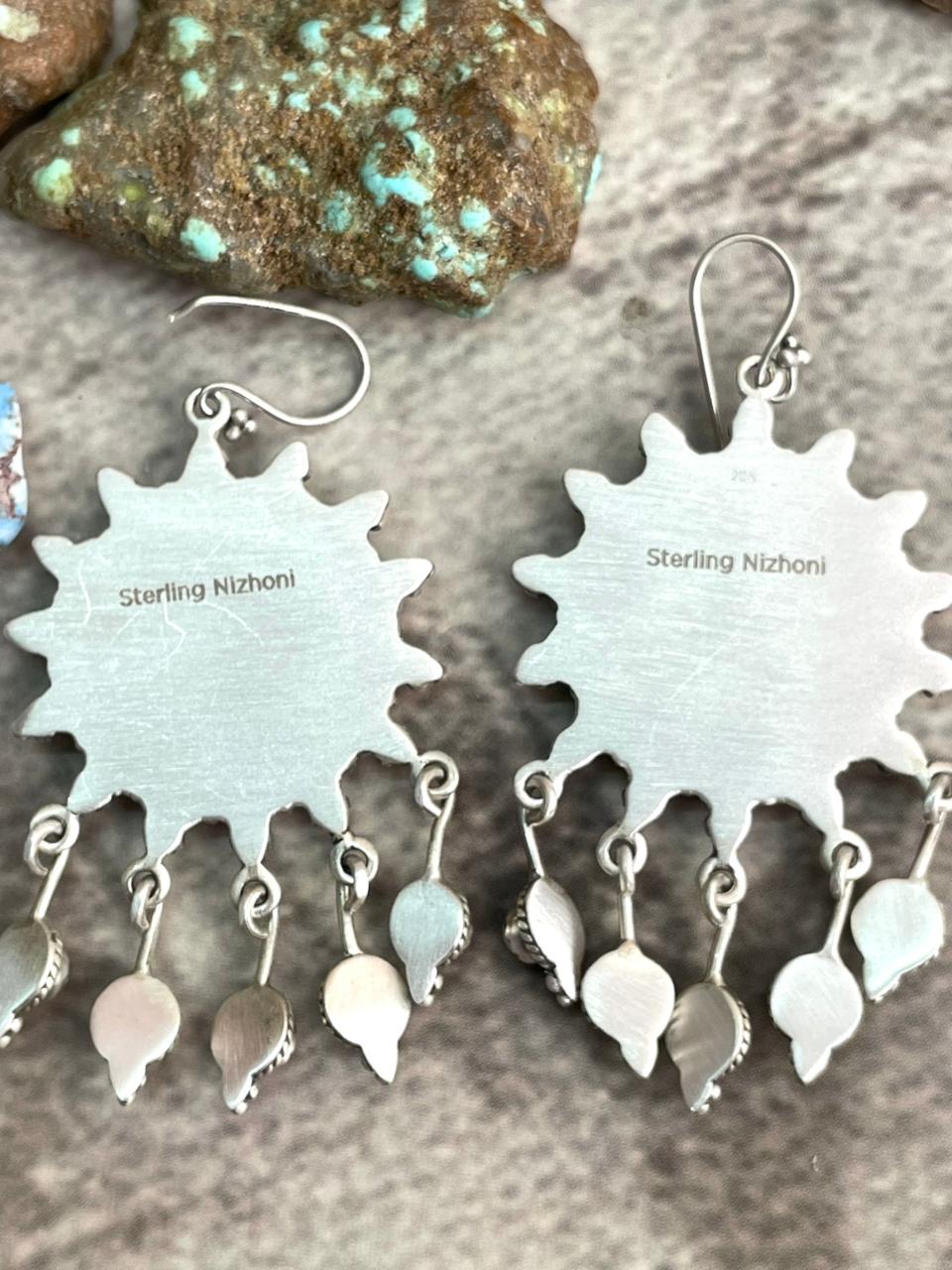 Handmade Sterling Silver White Buffalo Hook Dangle Earrings with Signed Nizhoni
