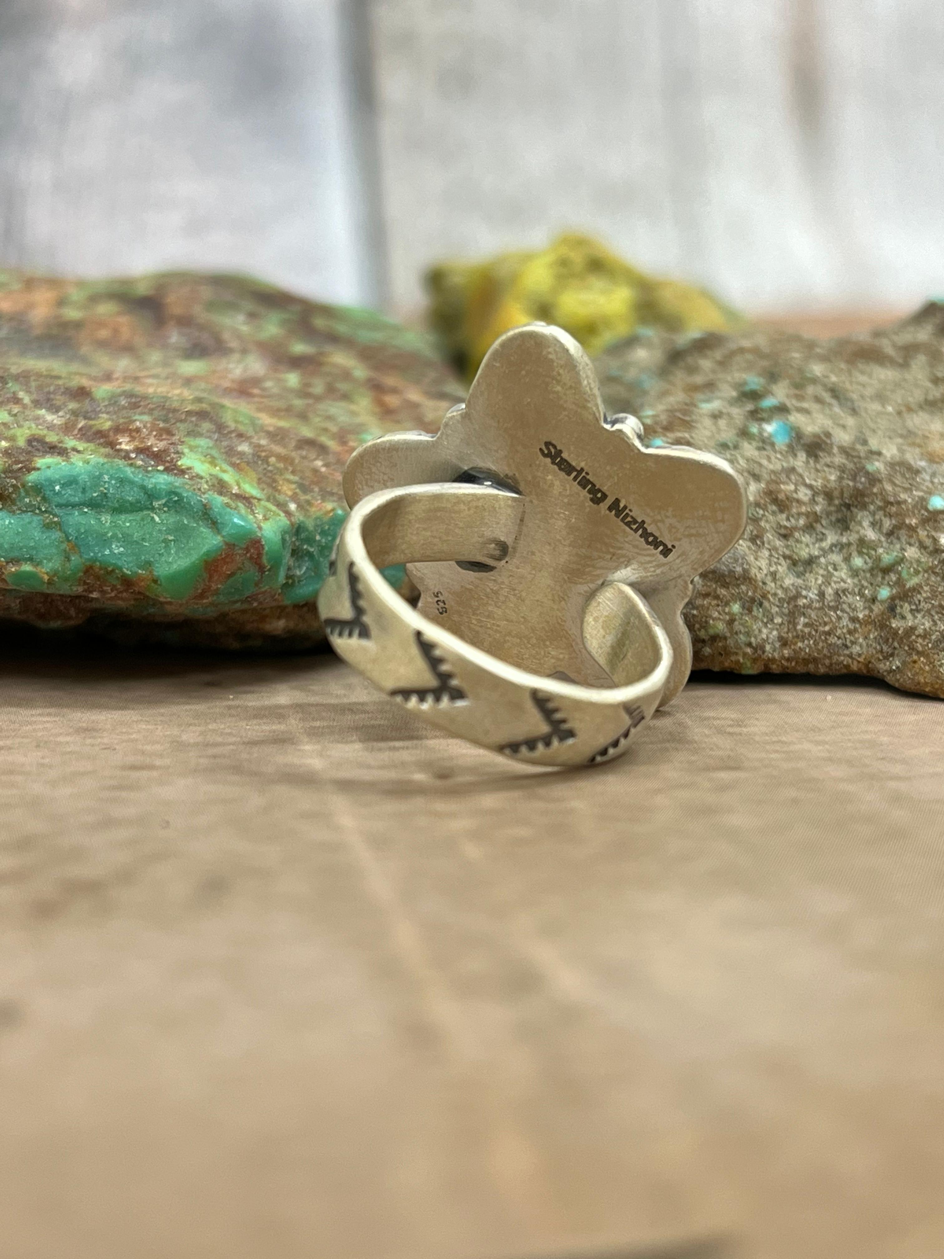 Handmade Sterling Silver Cotton Candy Turquoise Adjustable Ring with Signed Nizhoni