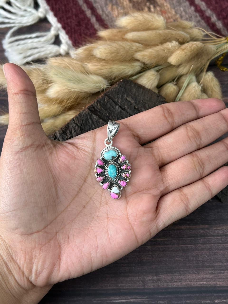 Handmade Sterling Silver White Water Turquoise with Cotton Candy Pendant "Signed Nizhoni"