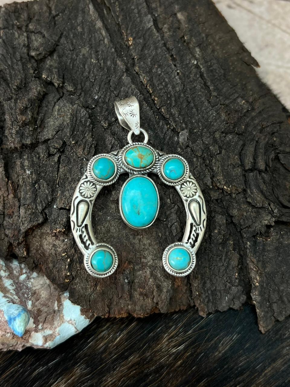 Handmade Sterling Silver Kingman Turquoise Naja Pendant "Signed Nizhoni" (3)