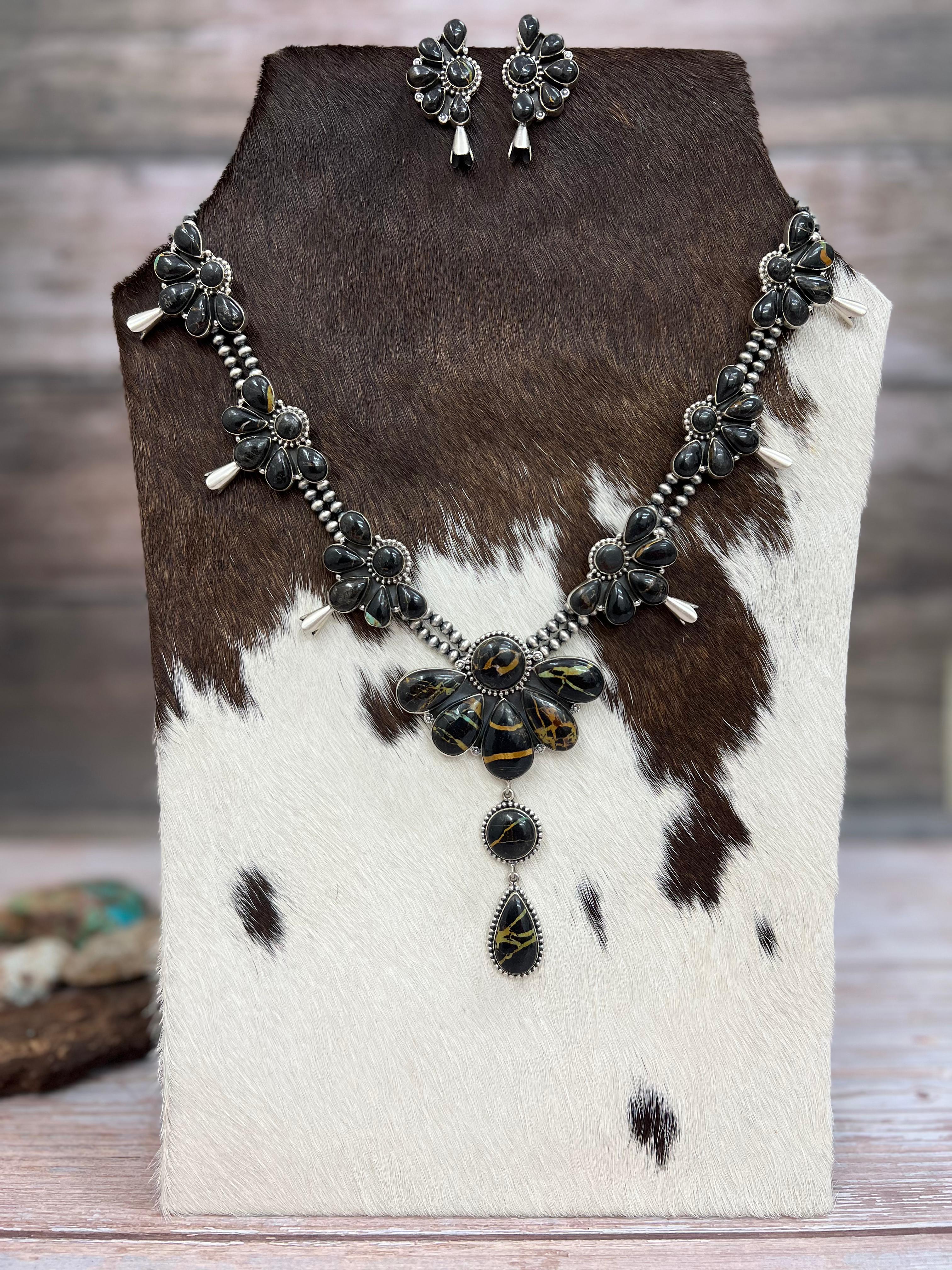 Handmade Sterling Silver Blackjack Turquoise Beaded Blossom Necklace Earrings Set with Signed Nizhoni