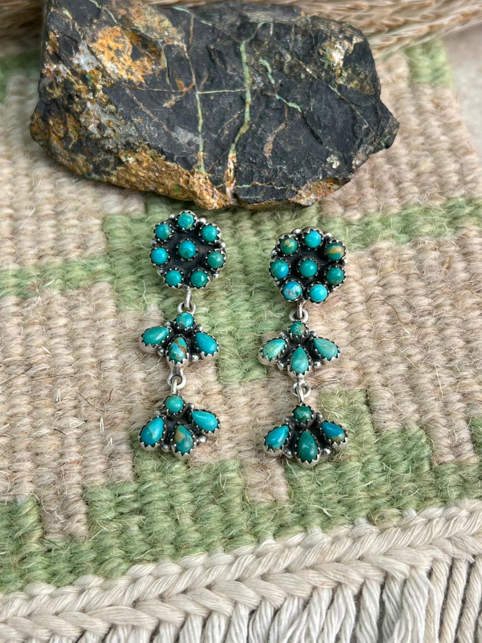 Handmade Sterling Silver Kingman Turquoise Post Dangle Earrings "Signed Nizhoni"