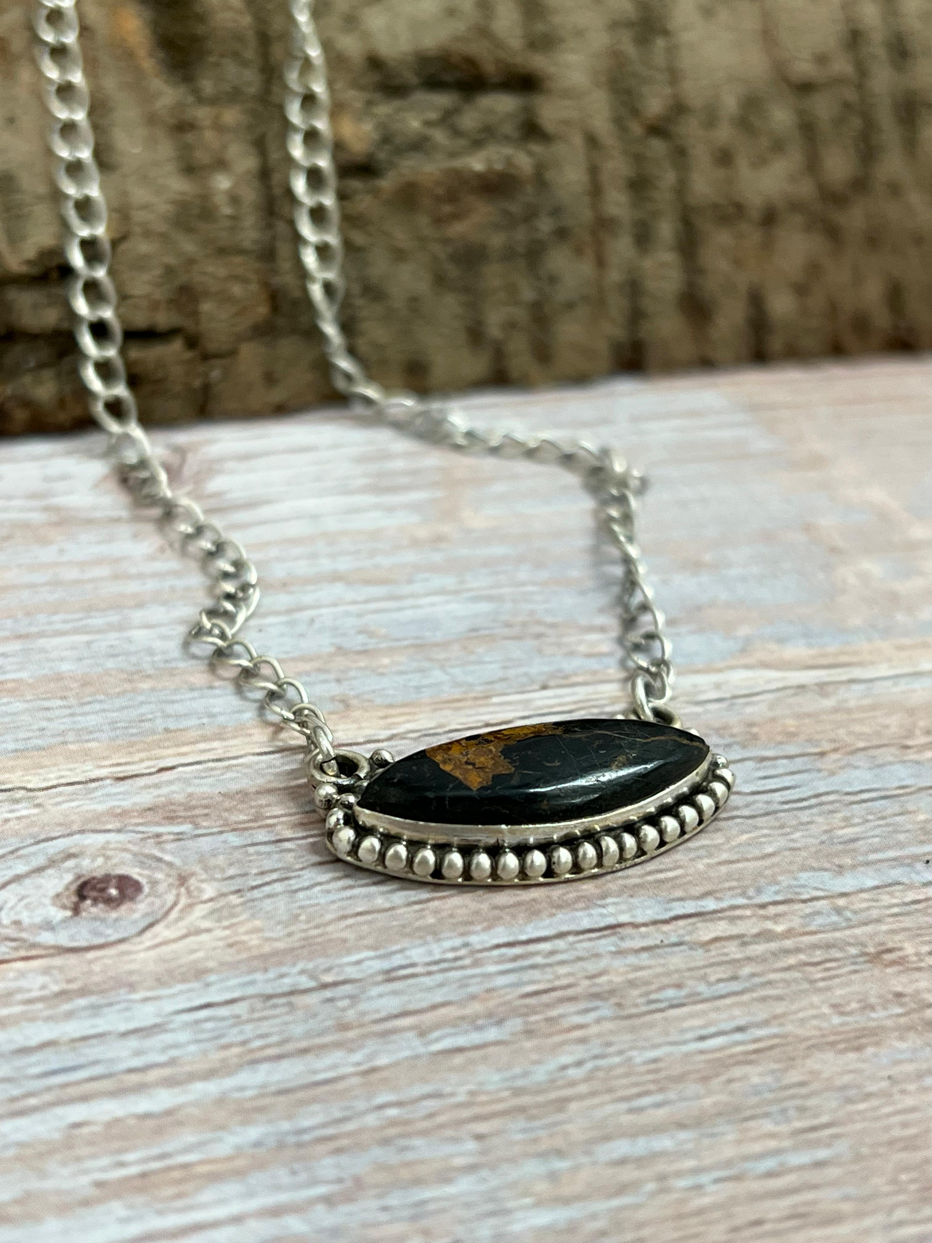 Handmade Sterling Silver Black Jack Necklace with Signed Nizhoni