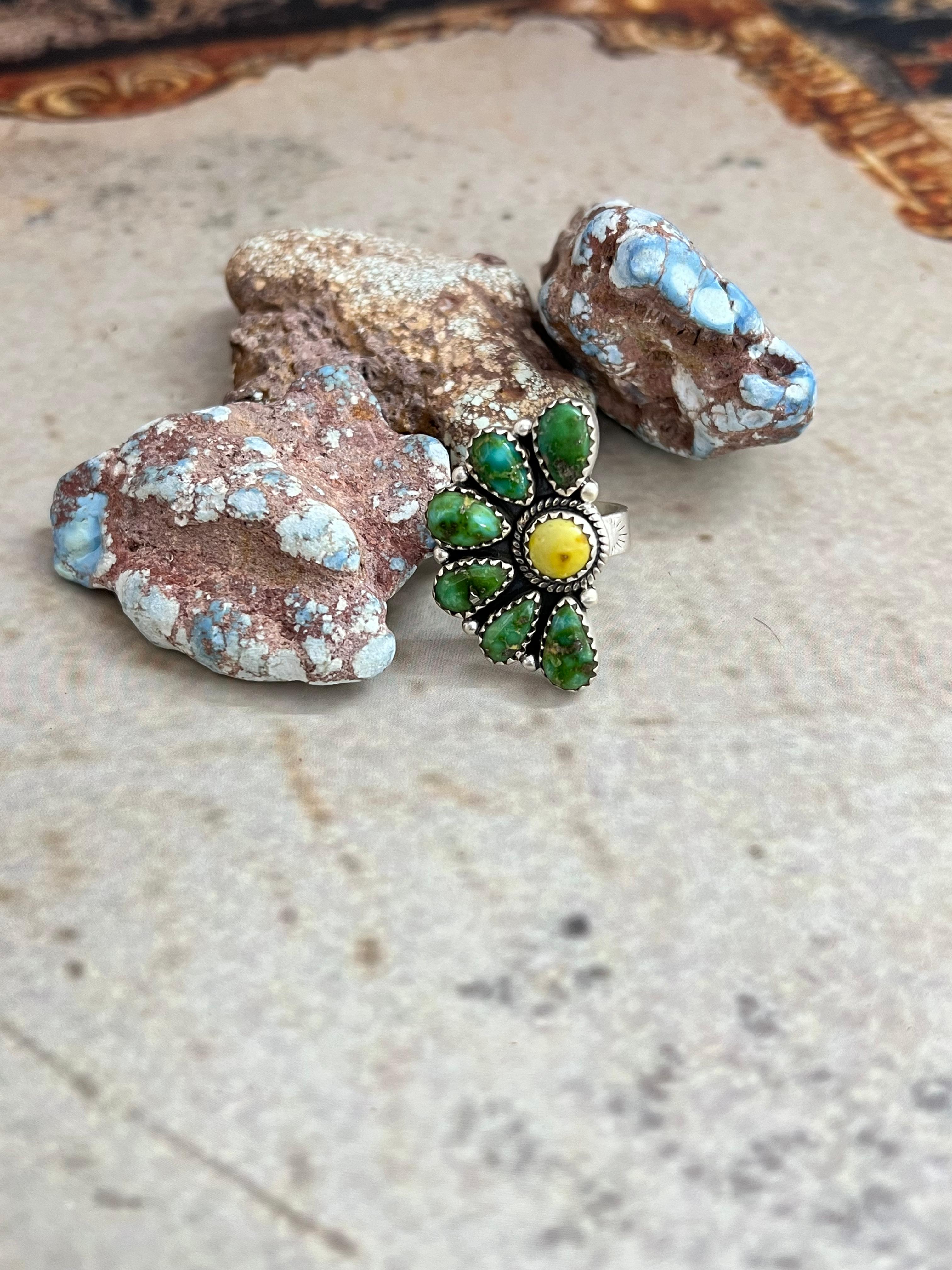 Handmade Sterling Silver Sonoran Mountain Turquoise with Palomino Turquoise Adjustable Ring, Signed Nizhoni (5)