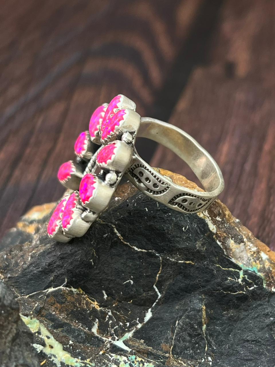 Handmade Sterling Silver Hot Pink Naja Adjustable Ring "Singed Nizhoni"