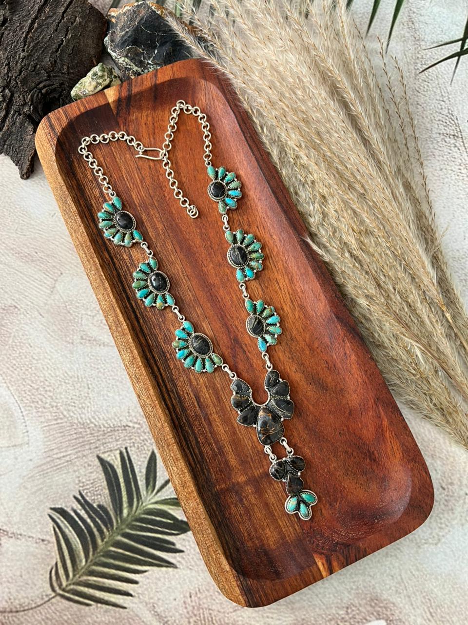 Handmade Sterling Silver Blackjack with Kingman Turquoise Necklace "Signed Nizhoni"