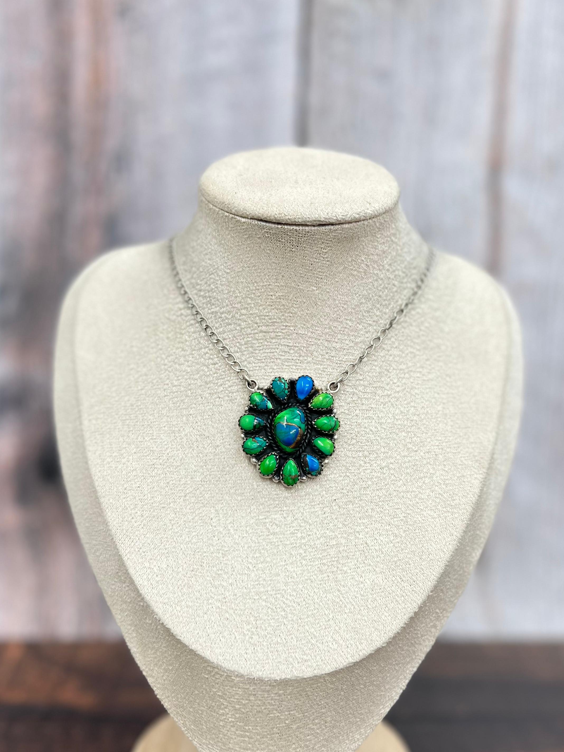 Handmade Sterling Silver Peacock Dahlia Necklace with Signed Nizhoni