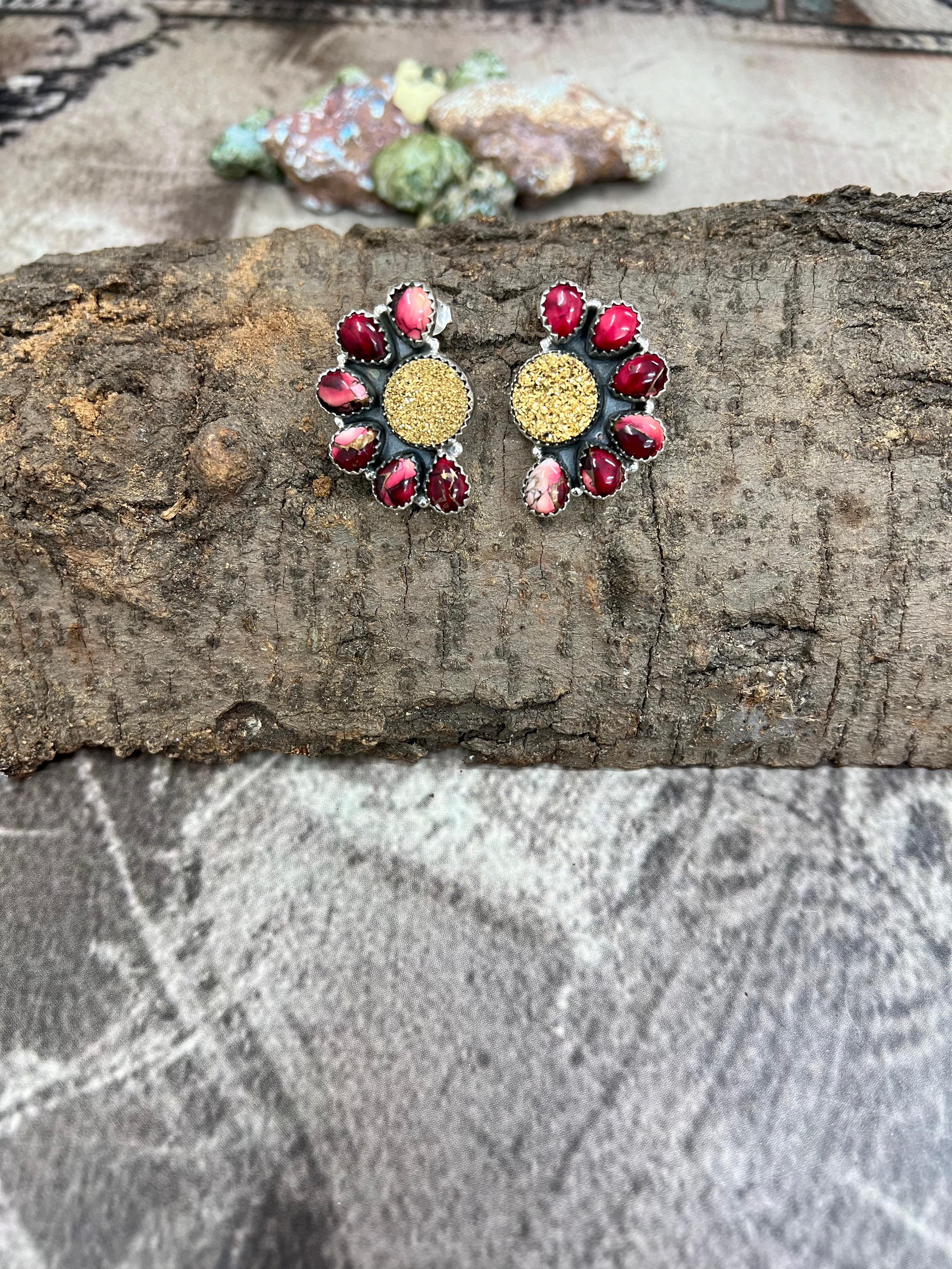 Handmade Sterling Silver Dahlia Rose with Druzy Post Earrings with Signed Nizhoni