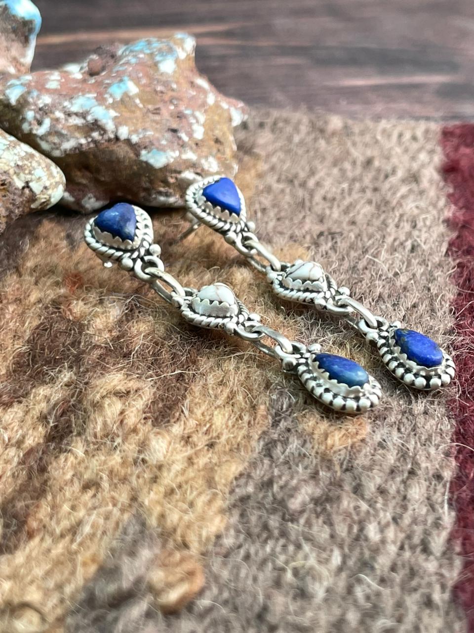 Handmade Sterling Silver Lapis with Wildhorse Magnesite Post Dangle Heart Earrings "Signed Nizhoni"