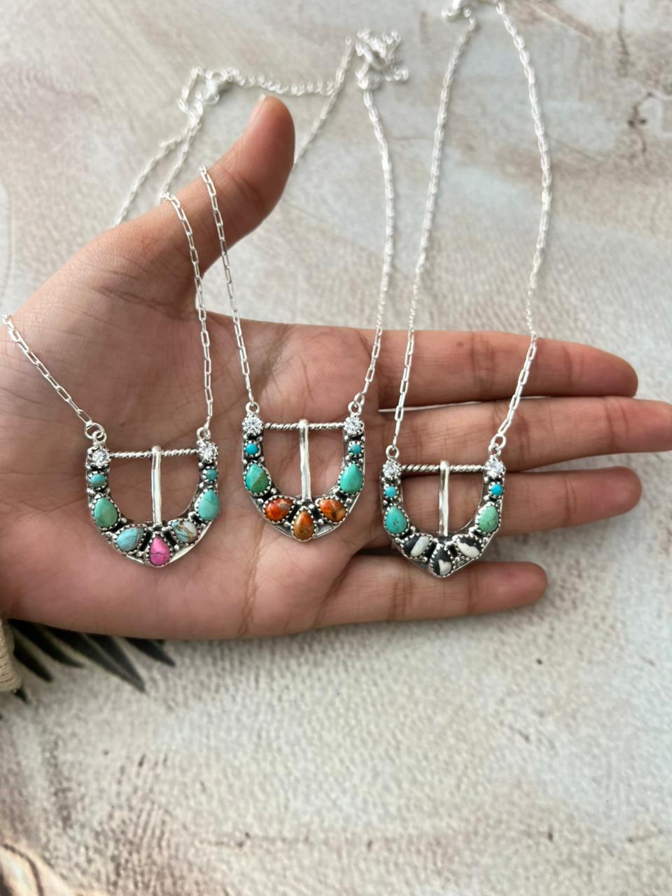 Handmade Sterling Silver Multi Stone Buckle Necklace "Signed Nizhoni"