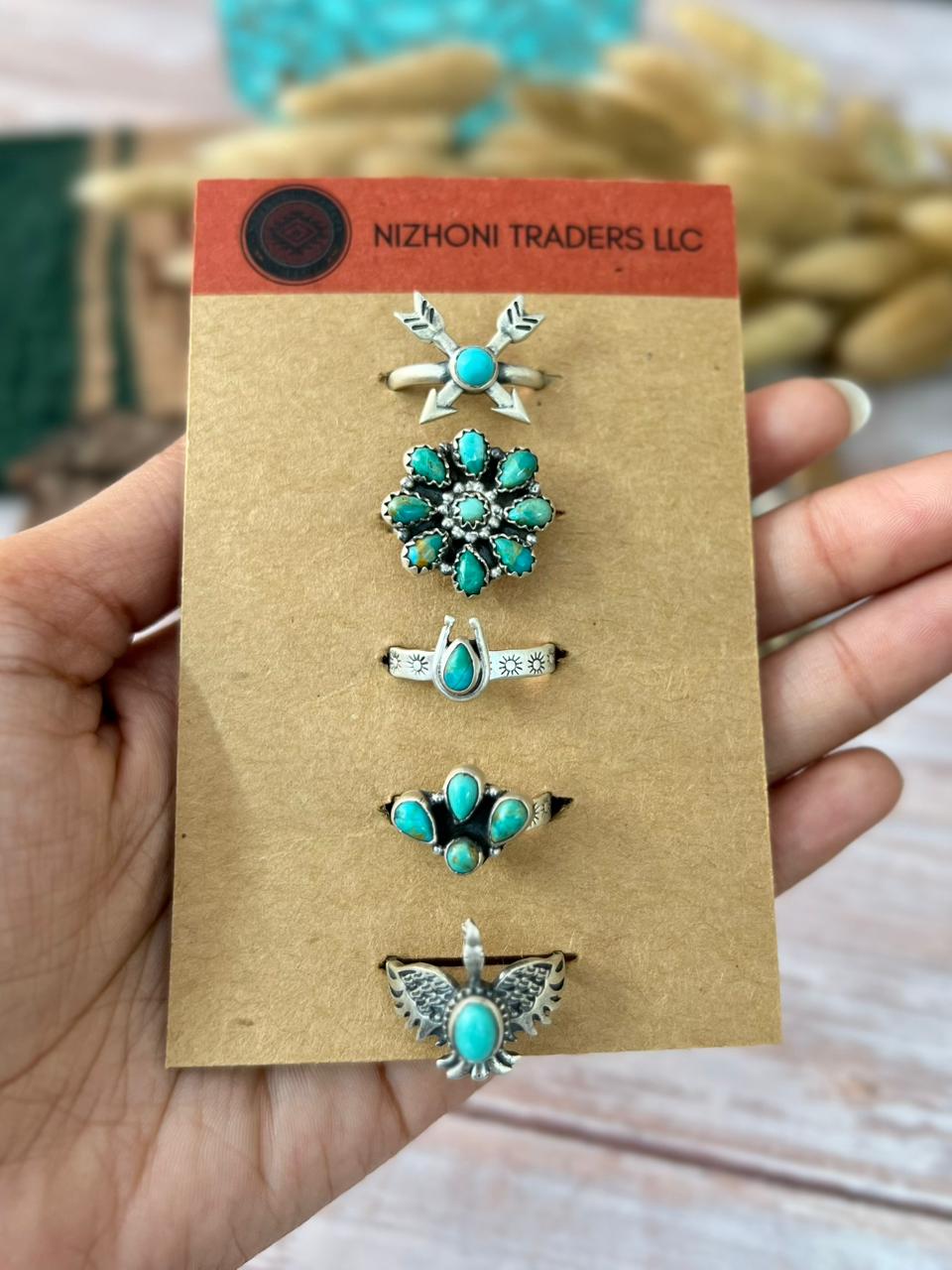 Handmade Sterling Silver Kingman Turquoise Adjustable Ring Card