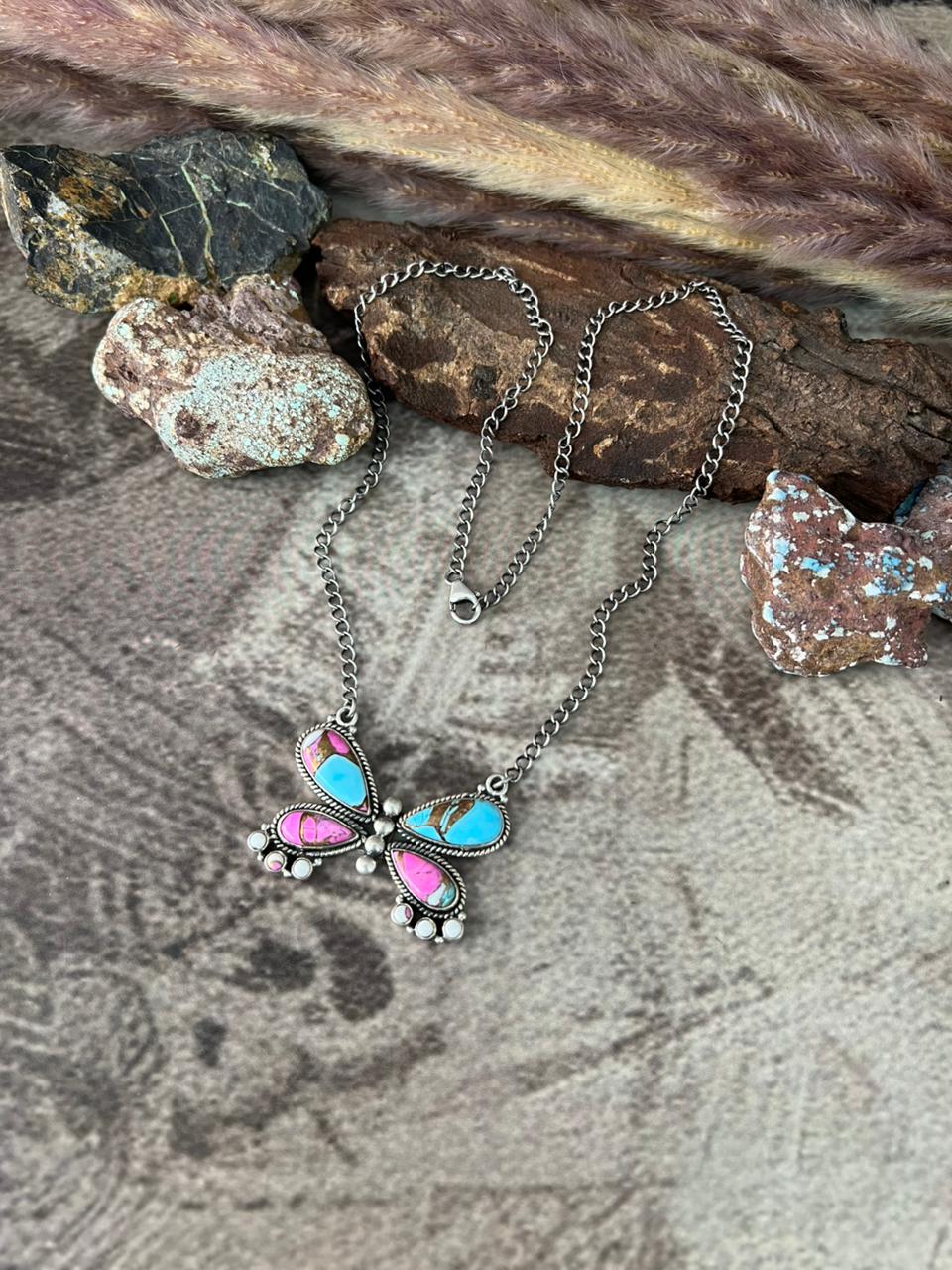 Handmade Sterling Silver Cotton Candy Butterfly Necklace "Signed Nizhoni"