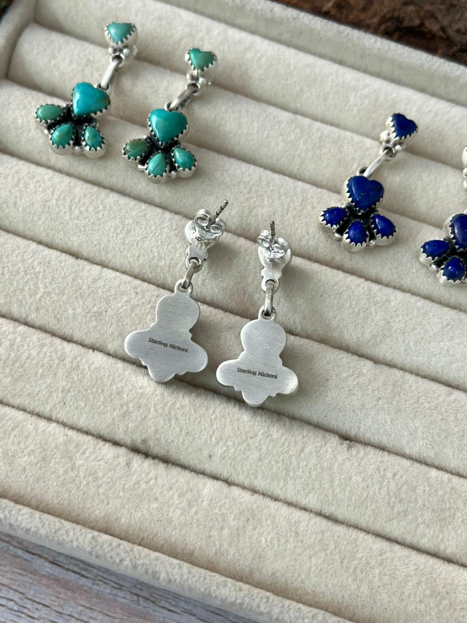 Handmade Sterling Silver Multi Stone Post Dangle Earrings with Signed Nizhoni