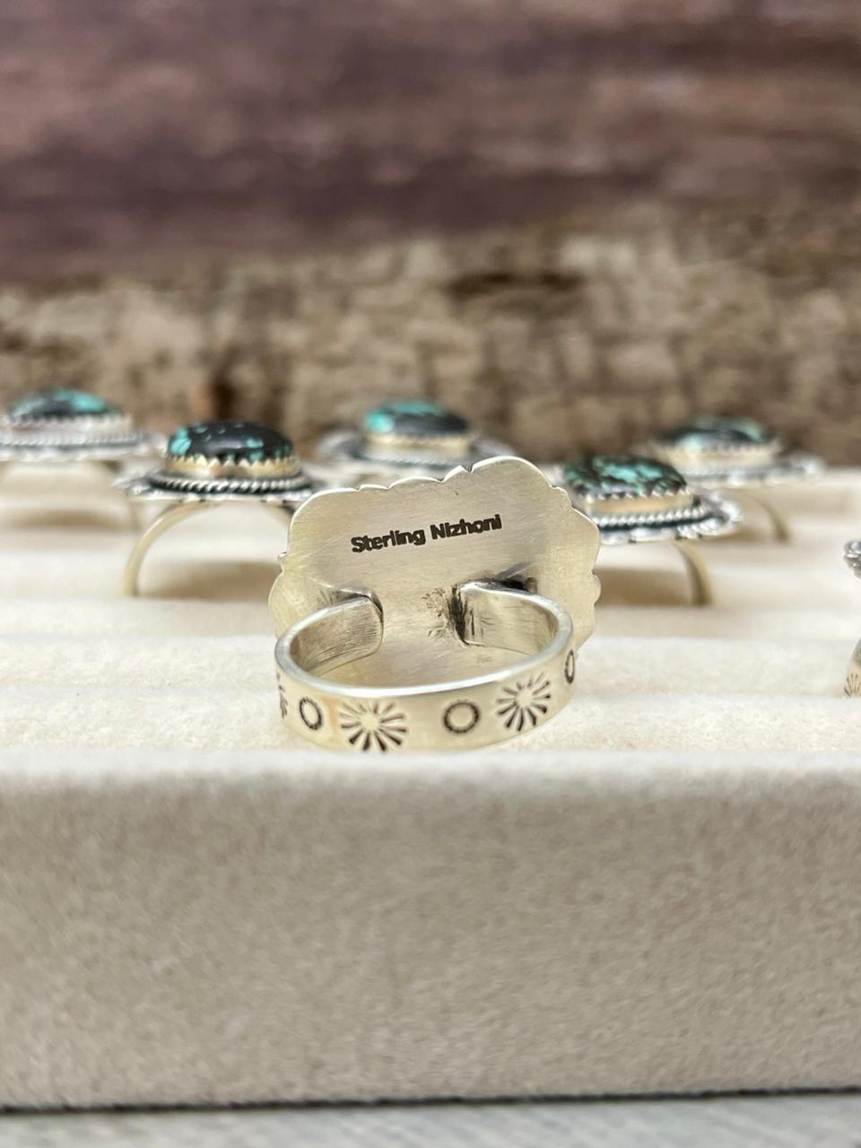 Handmade Sterling Silver Lander Turquoise Adjustable Ring With Signed Nizhoni