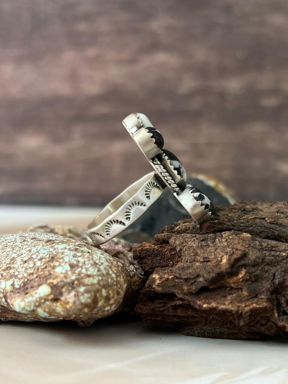 Handmade Sterling Silver White Buffalo Adjustable Ring "Signed Nizhoni"