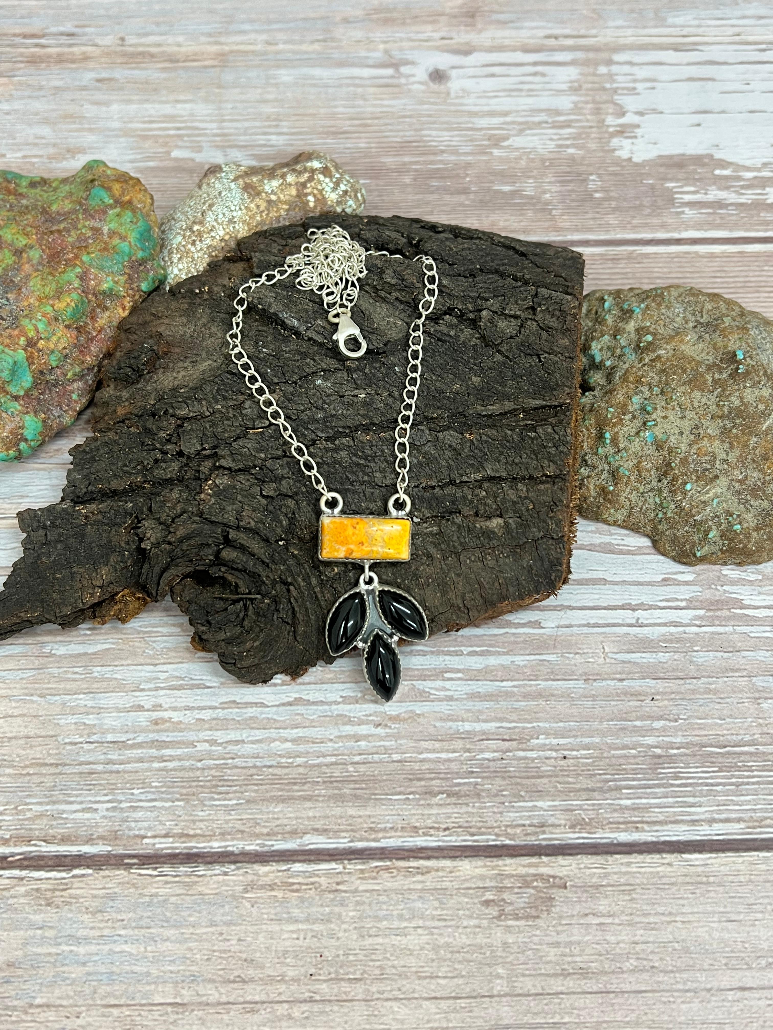 "Halloween Collection" Handmade Sterling Silver Black Onyx, Bumblebee Necklace with Signed Nizhoni