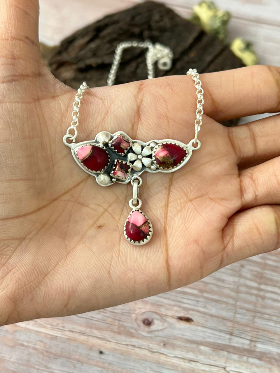 Handmade Sterling Silver Dahlia Rose Necklace with Signed Nizhoni