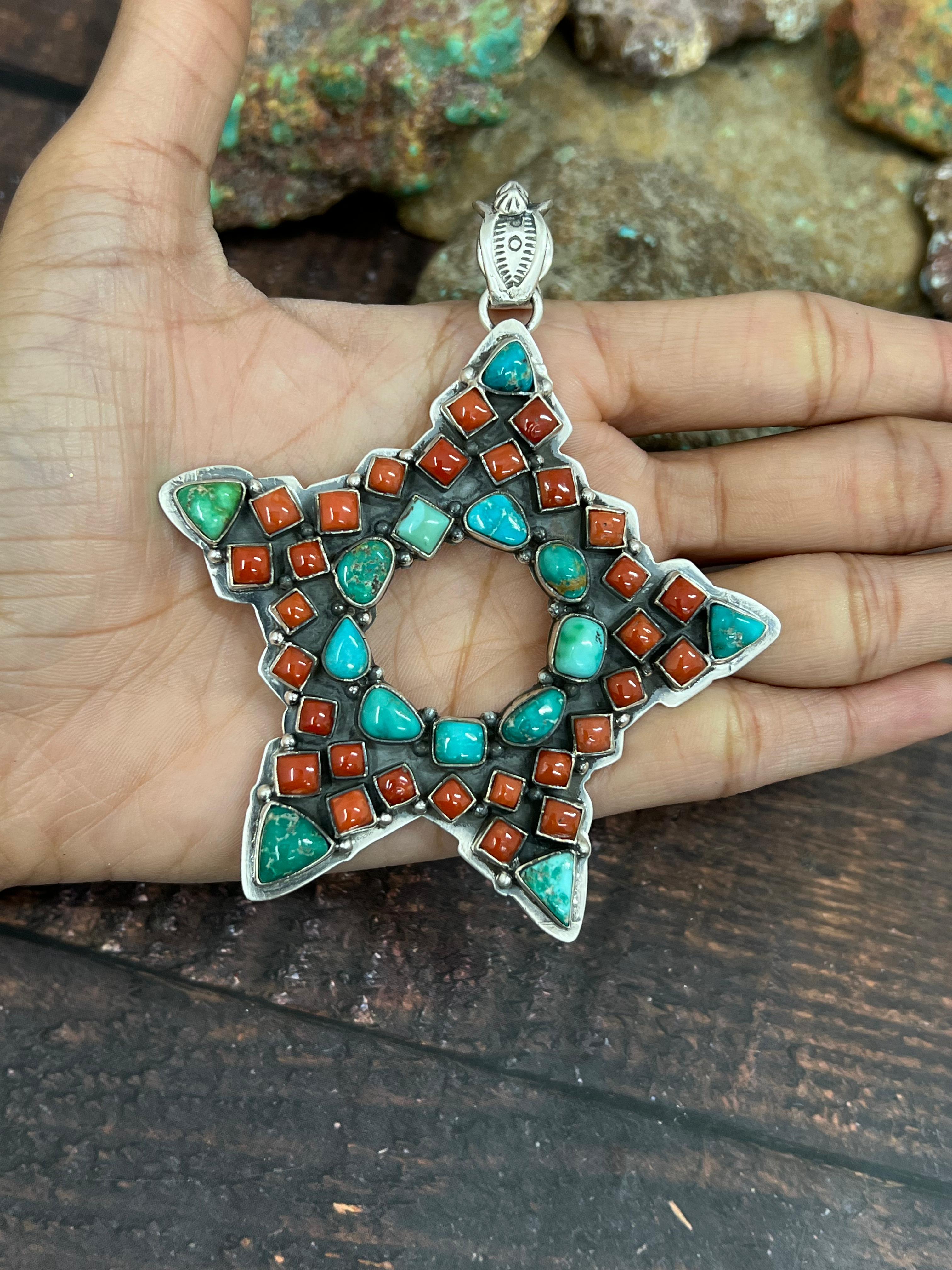 Handmade Sterling Silver Coral with Emerald Valley Star Pendant, Signed Nizhoni