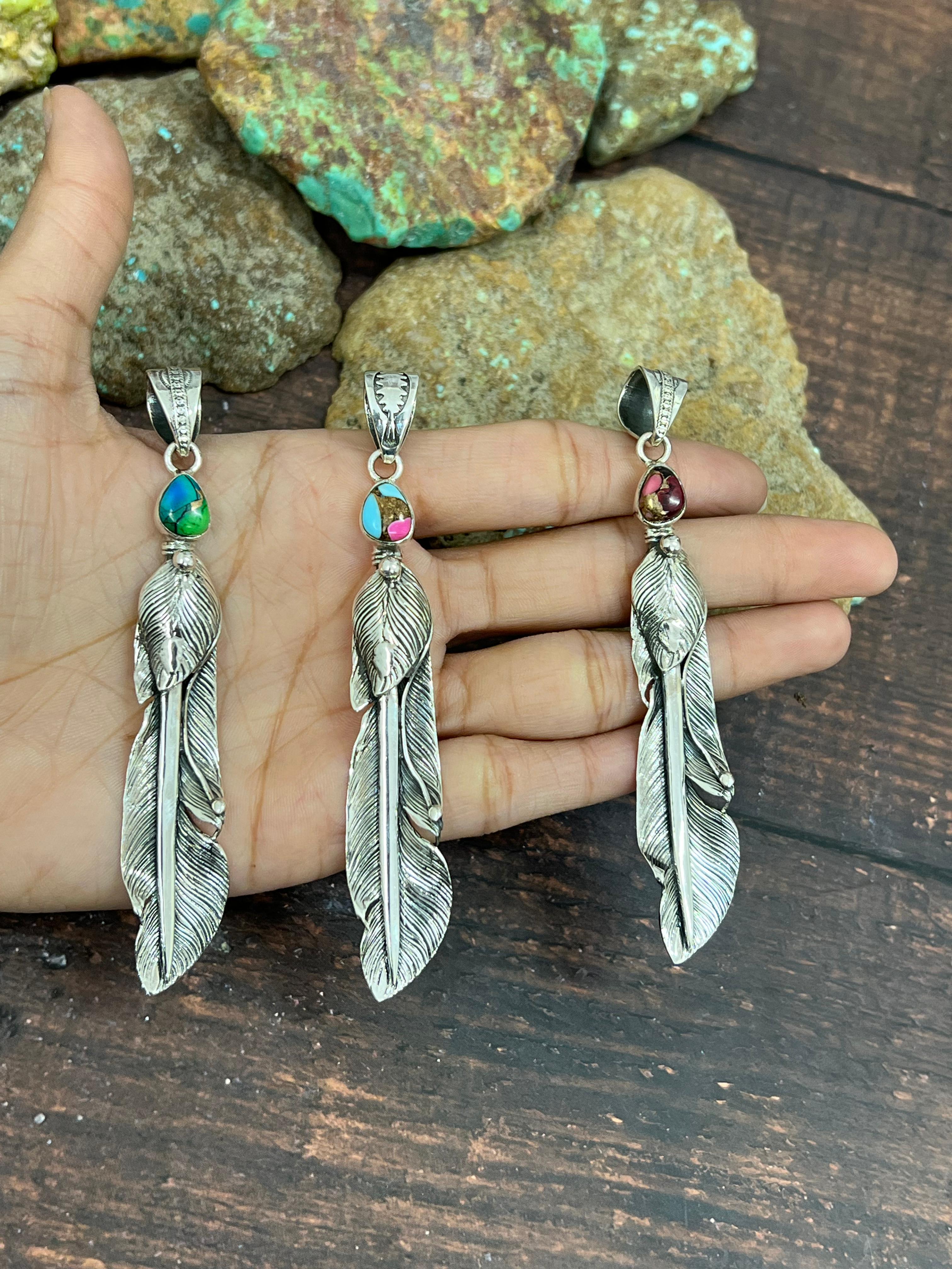 Handmade Sterling Silver Peacock Dahlia, Cotton Candy, Dahlia Rose Feather Pendant with Signed Nizhoni