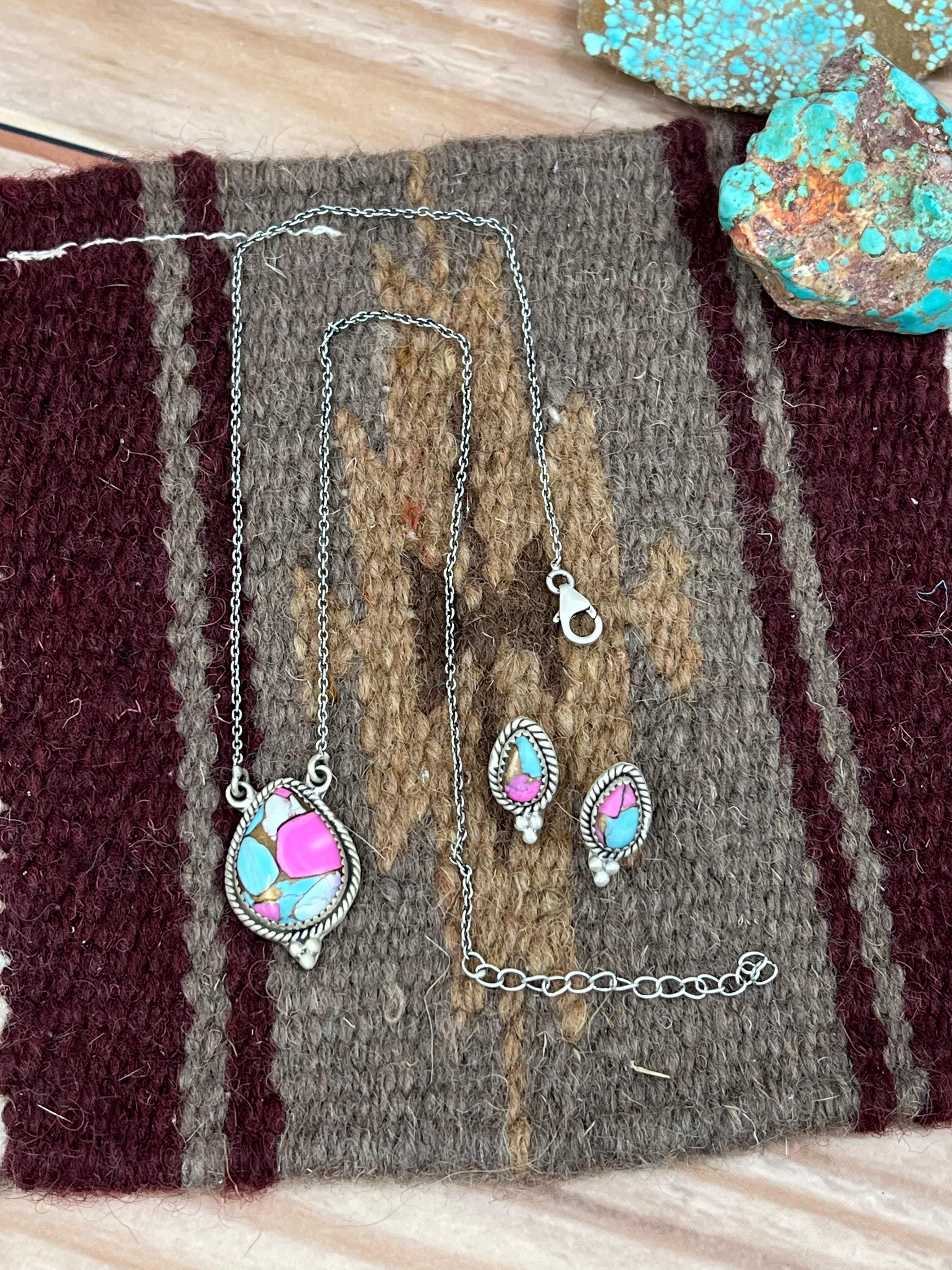 Handmade Sterling Silver Cotton Candy Turquoise Necklace Earrings Set, Signed Nizhoni