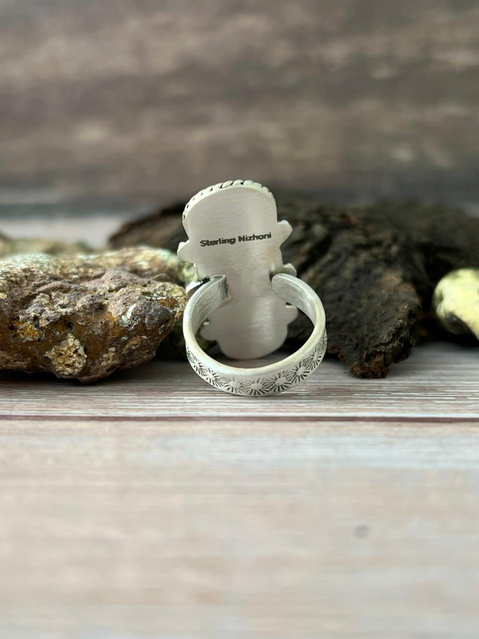 Handmade Sterling Silver Emerald Valley Turquoise Adjustable Ring With Signed Nizhoni