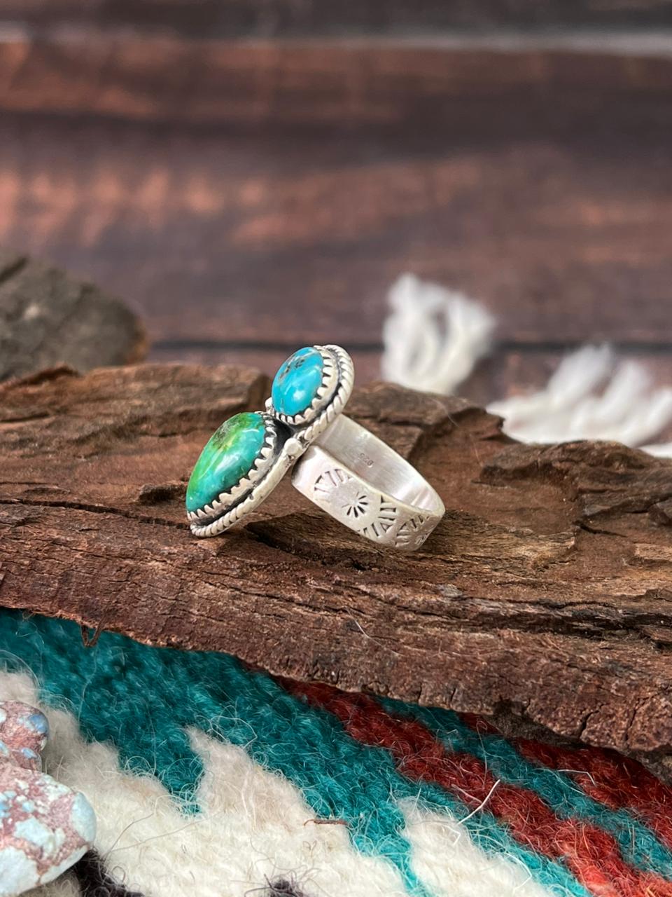 Handmade Sterling Silver Sonoran with White Water Turquoise Adjustable Ring " Signed Nizhoni" (6)