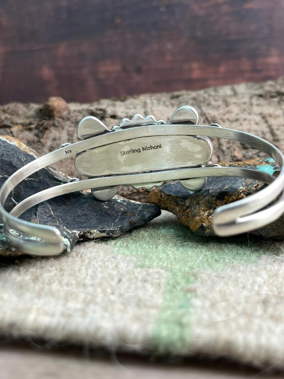 Handmade Sterling Silver Blackjack Turquoise Cuff Bracelet "Signed Nizhoni"