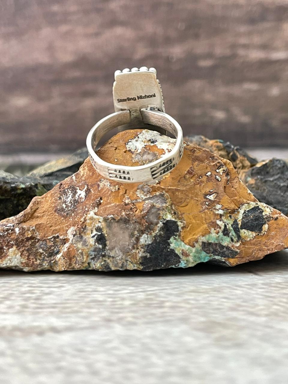 Handmade Sterling Silver Royston Ribbon Turquoise Adjustable Ring "Signed Nizhoni"