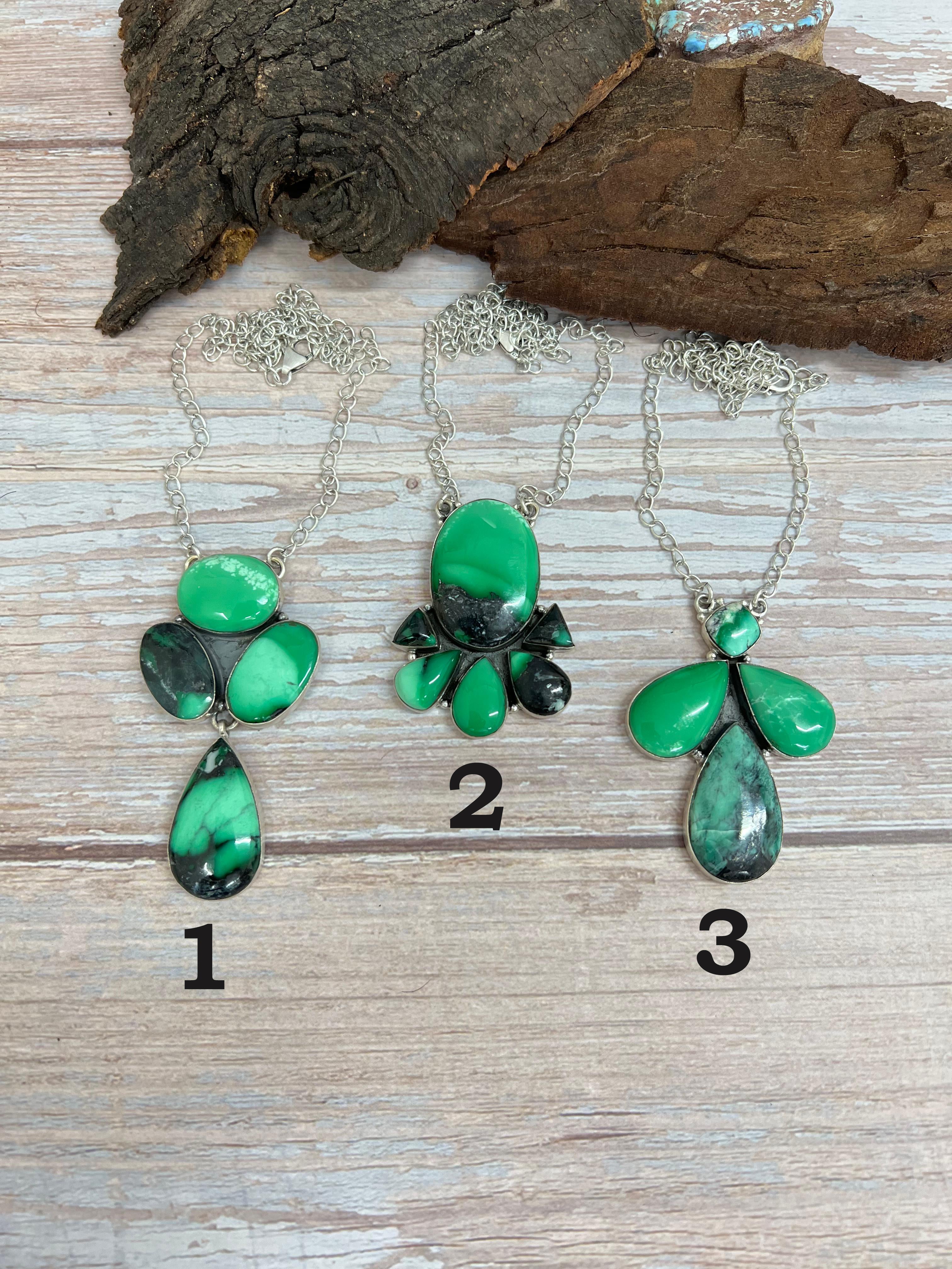 Handmade Sterling Silver Emerald Rose Necklace with Signed Nizhoni