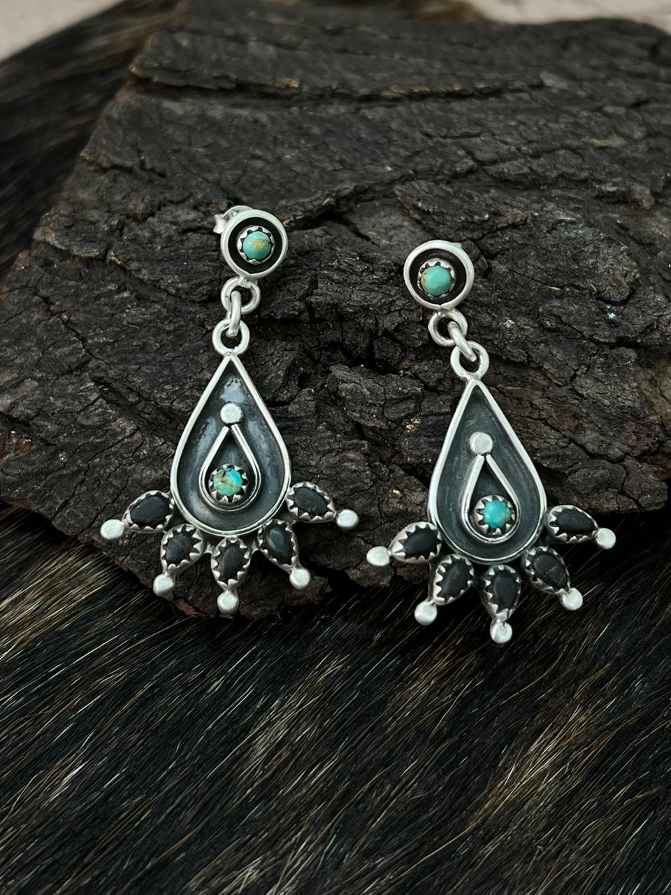 Handmade Sterling Silver Kingman Turquoise Post Dangle Earrings "Signed Nizhoni"
